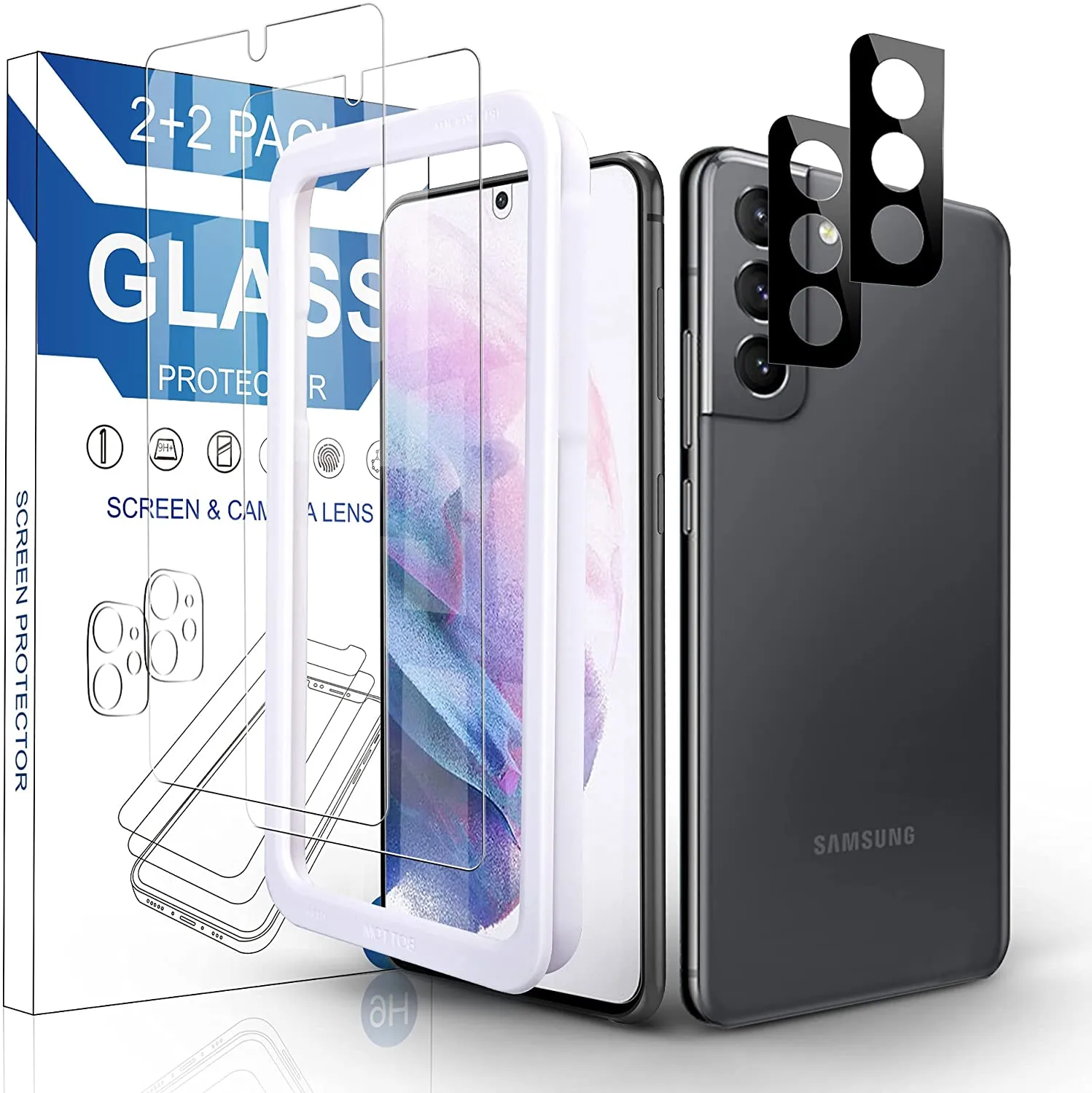 Arae 2 Pack Screen Protector for Samsung Galaxy S21 Plus   2 Pack Camera Lens Protector, HD Tempered Glass Anti Scratch Work with Most Case,6.7inch
