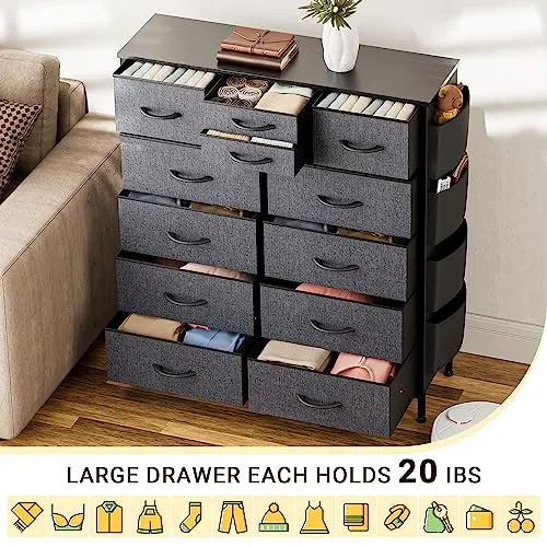 Black Dresser for Bedroom, Dresser & Chest of Drawers w/Side Pockets and Hooks, 12 Drawers Fabric Dresser Organizer, Closet Dresser Storage Modern PU Finish for Kids Room, Hallway, Entryway