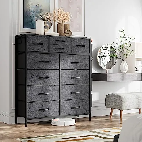 Black Dresser for Bedroom, Dresser & Chest of Drawers w/Side Pockets and Hooks, 12 Drawers Fabric Dresser Organizer, Closet Dresser Storage Modern PU Finish for Kids Room, Hallway, Entryway