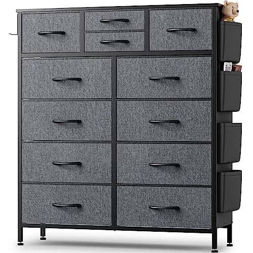 Black Dresser for Bedroom, Dresser & Chest of Drawers w/Side Pockets and Hooks, 12 Drawers Fabric Dresser Organizer, Closet Dresser Storage Modern PU Finish for Kids Room, Hallway, Entryway
