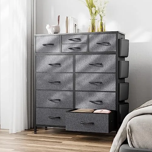 Black Dresser for Bedroom, Dresser & Chest of Drawers w/Side Pockets and Hooks, 12 Drawers Fabric Dresser Organizer, Closet Dresser Storage Modern PU Finish for Kids Room, Hallway, Entryway