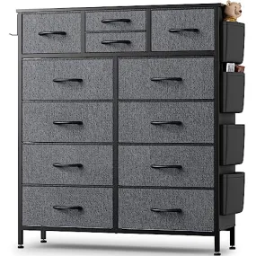 Black Dresser for Bedroom, Dresser & Chest of Drawers w/Side Pockets and Hooks, 12 Drawers Fabric Dresser Organizer, Closet Dresser Storage Modern PU Finish for Kids Room, Hallway, Entryway