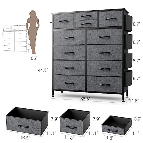 Black Dresser for Bedroom, Dresser & Chest of Drawers w/Side Pockets and Hooks, 12 Drawers Fabric Dresser Organizer, Closet Dresser Storage Modern PU Finish for Kids Room, Hallway, Entryway