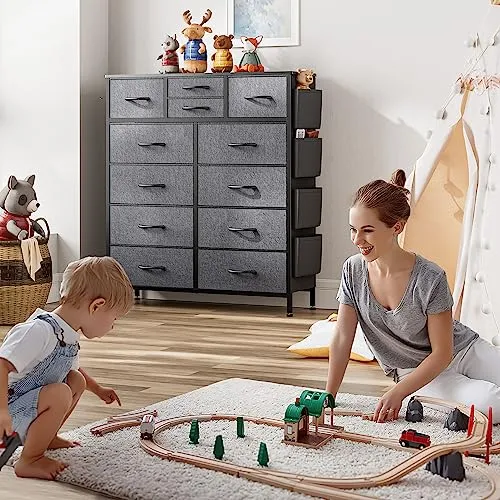 Black Dresser for Bedroom, Dresser & Chest of Drawers w/Side Pockets and Hooks, 12 Drawers Fabric Dresser Organizer, Closet Dresser Storage Modern PU Finish for Kids Room, Hallway, Entryway