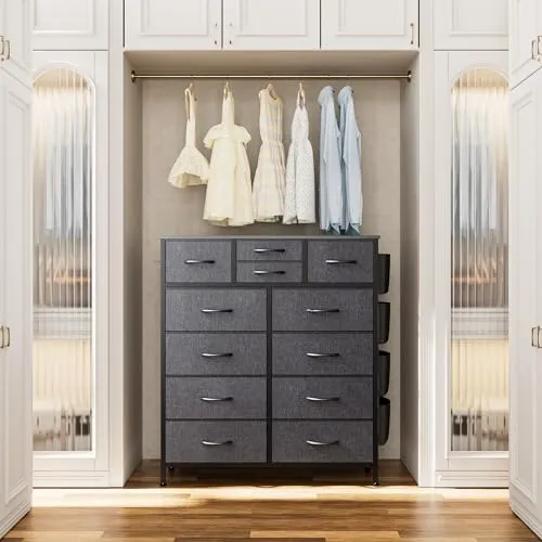 Black Dresser for Bedroom, Dresser & Chest of Drawers w/Side Pockets and Hooks, 12 Drawers Fabric Dresser Organizer, Closet Dresser Storage Modern PU Finish for Kids Room, Hallway, Entryway