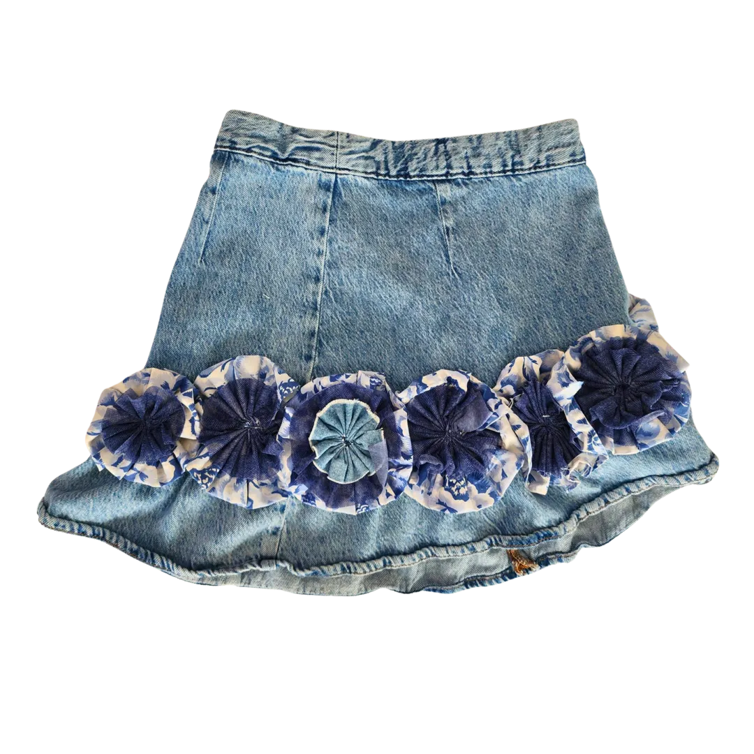 Blue Jean Skirt with Handmade Flower Adornment