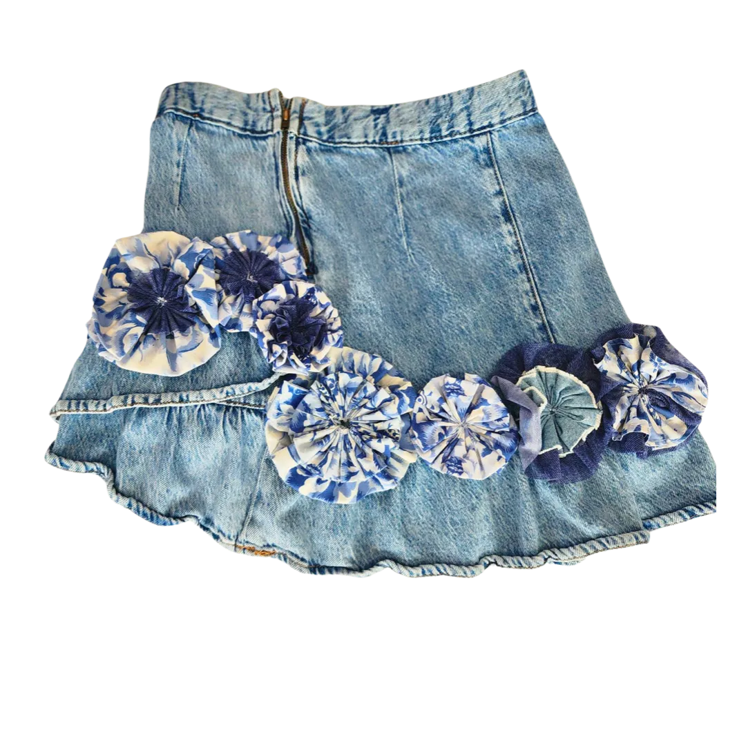 Blue Jean Skirt with Handmade Flower Adornment