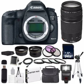 Canon EOD 5D III Digital Camera International Model   Canon EF 75-300 III  LP-E6 Replacement Battery   64GB SDXC Card  