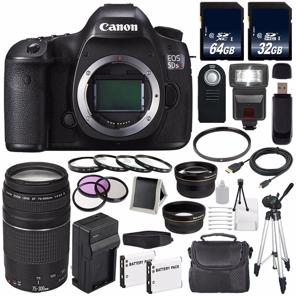 Canon EOS 5DS R DSLR Camera (International Model) 0582C002   Canon EF 75-300 III  LP-E6 Replacement Battery   Charger Starter Bundle