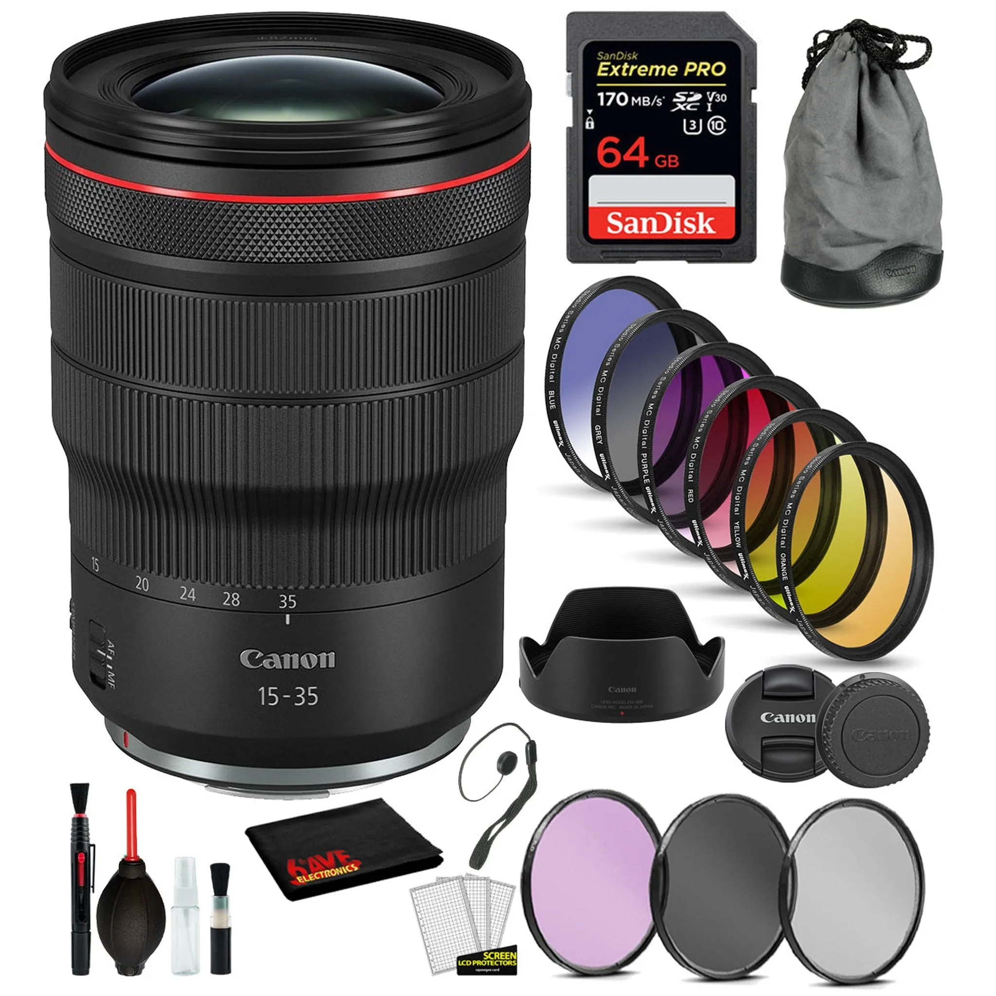 Canon RF 15-35mm f/2.8L IS USM Lens (3682C002) with  Bundle Includes: 9PC Filter Kit, Sandisk Extreme Pro 64gb   More