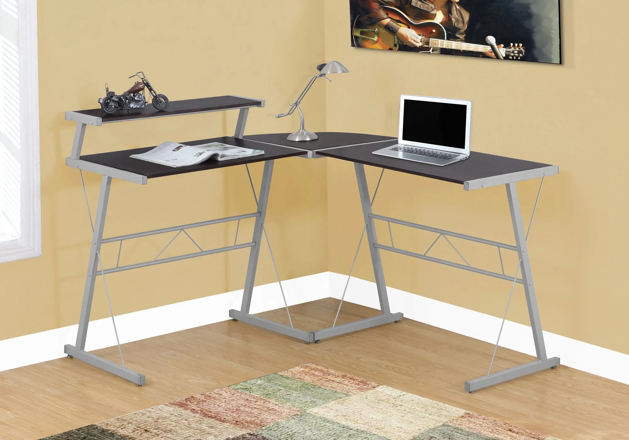 Computer Desk, Home Office, Corner, L Shape, Work, Laptop, Brown Laminate, Grey Metal, Contemporary, Modern