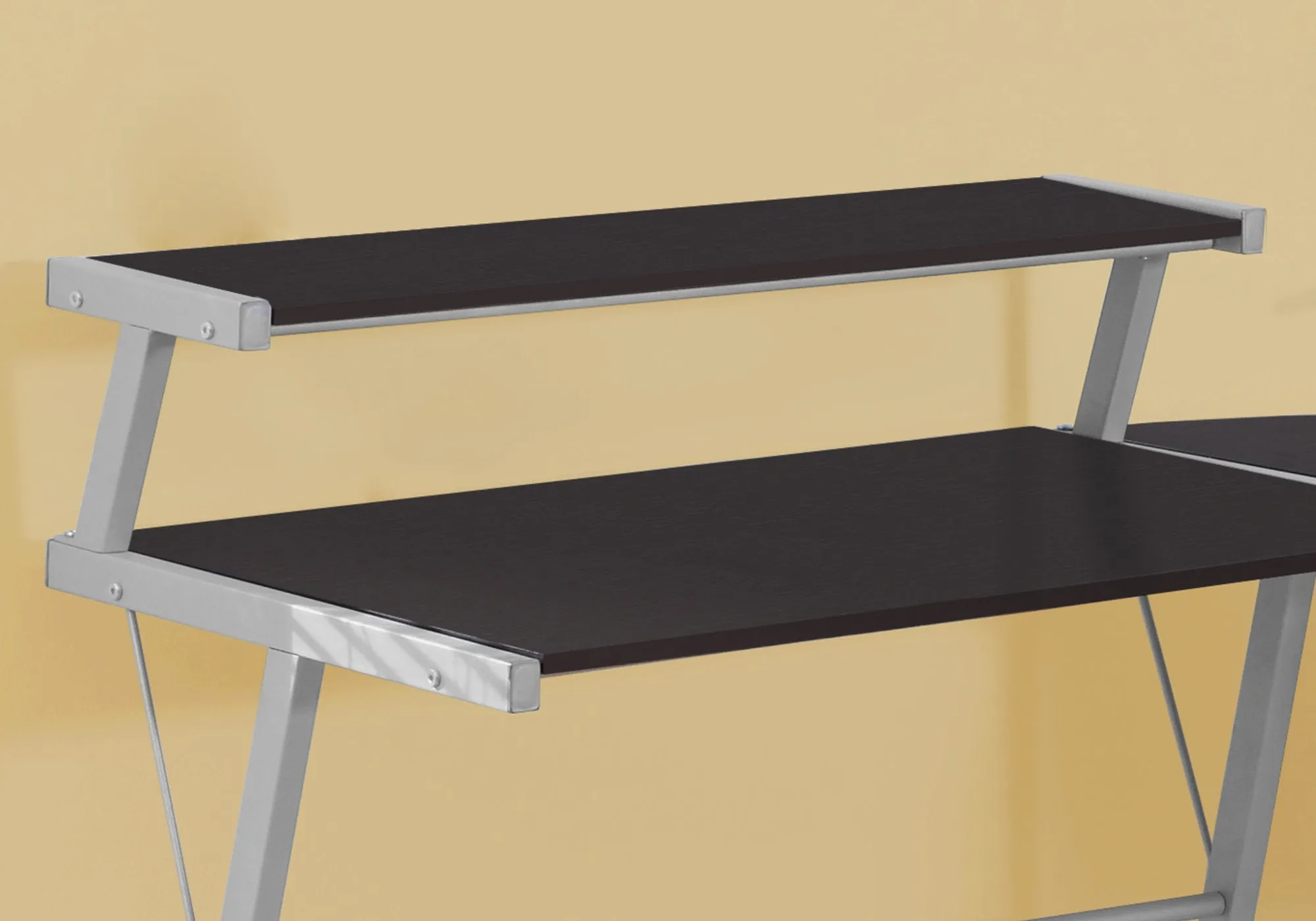 Computer Desk, Home Office, Corner, L Shape, Work, Laptop, Brown Laminate, Grey Metal, Contemporary, Modern