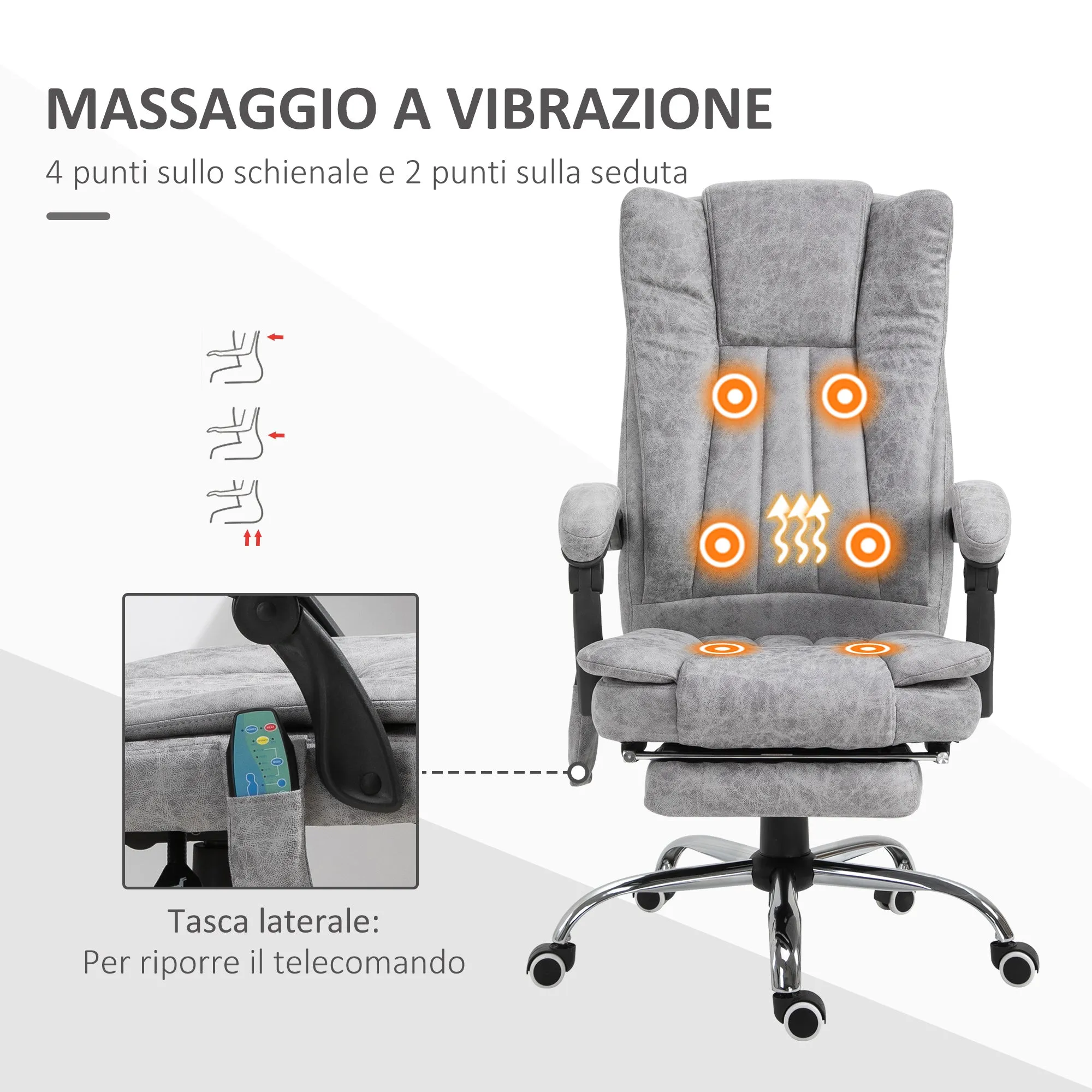 Easycomfort Poltrona da Ufficio Massaggiante Riscaldante, Altezza e Reclinazione Regolabili, Poggiapiedi Retrattile, 62x67x113-120cm, Grigio
