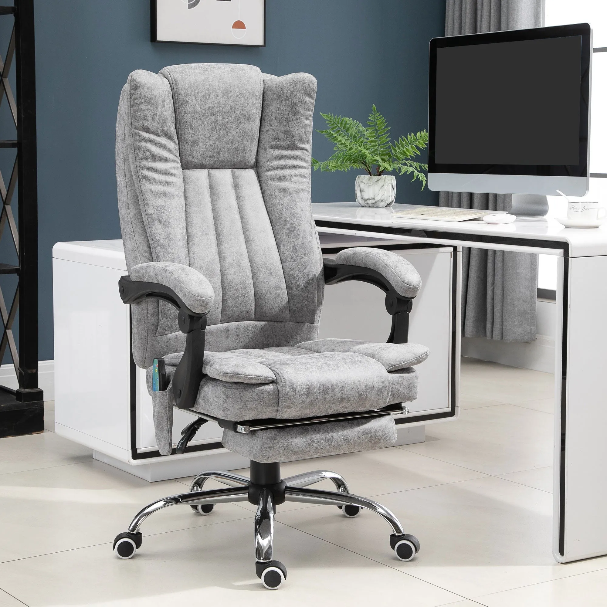 Easycomfort Poltrona da Ufficio Massaggiante Riscaldante, Altezza e Reclinazione Regolabili, Poggiapiedi Retrattile, 62x67x113-120cm, Grigio