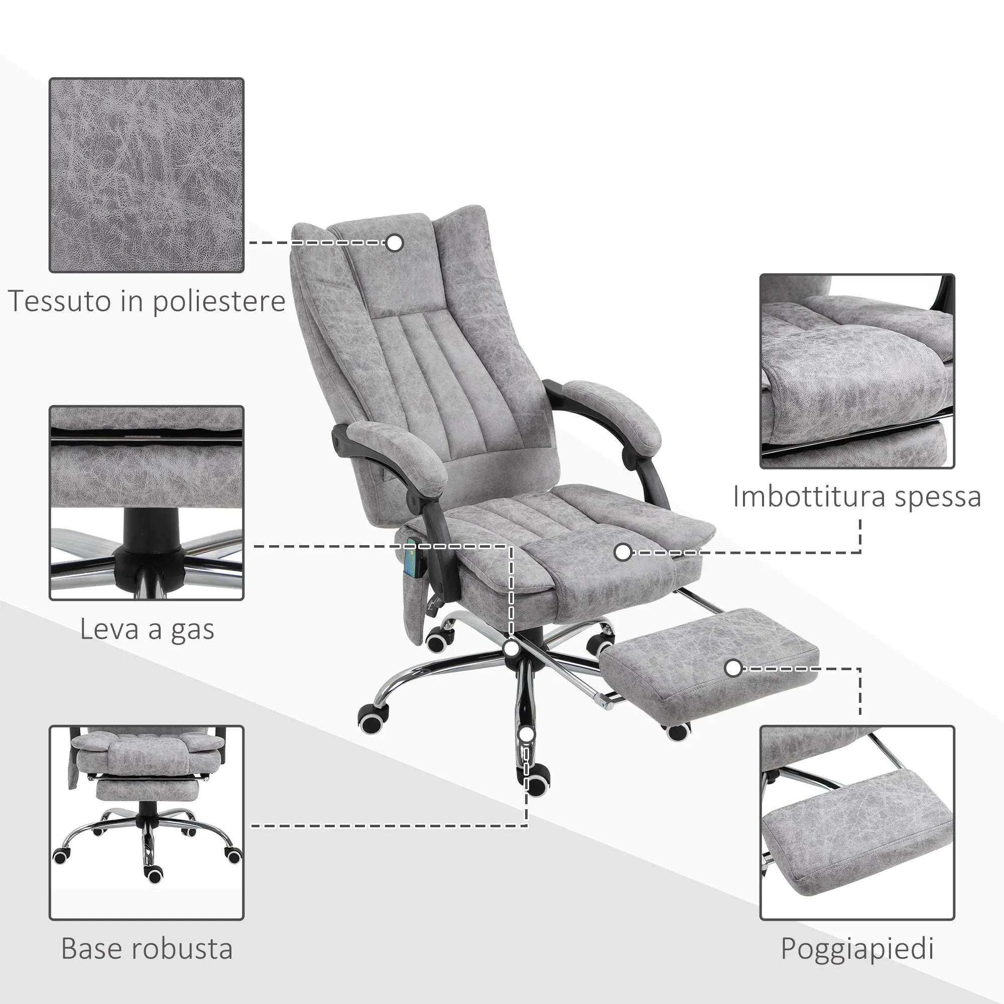 Easycomfort Poltrona da Ufficio Massaggiante Riscaldante, Altezza e Reclinazione Regolabili, Poggiapiedi Retrattile, 62x67x113-120cm, Grigio