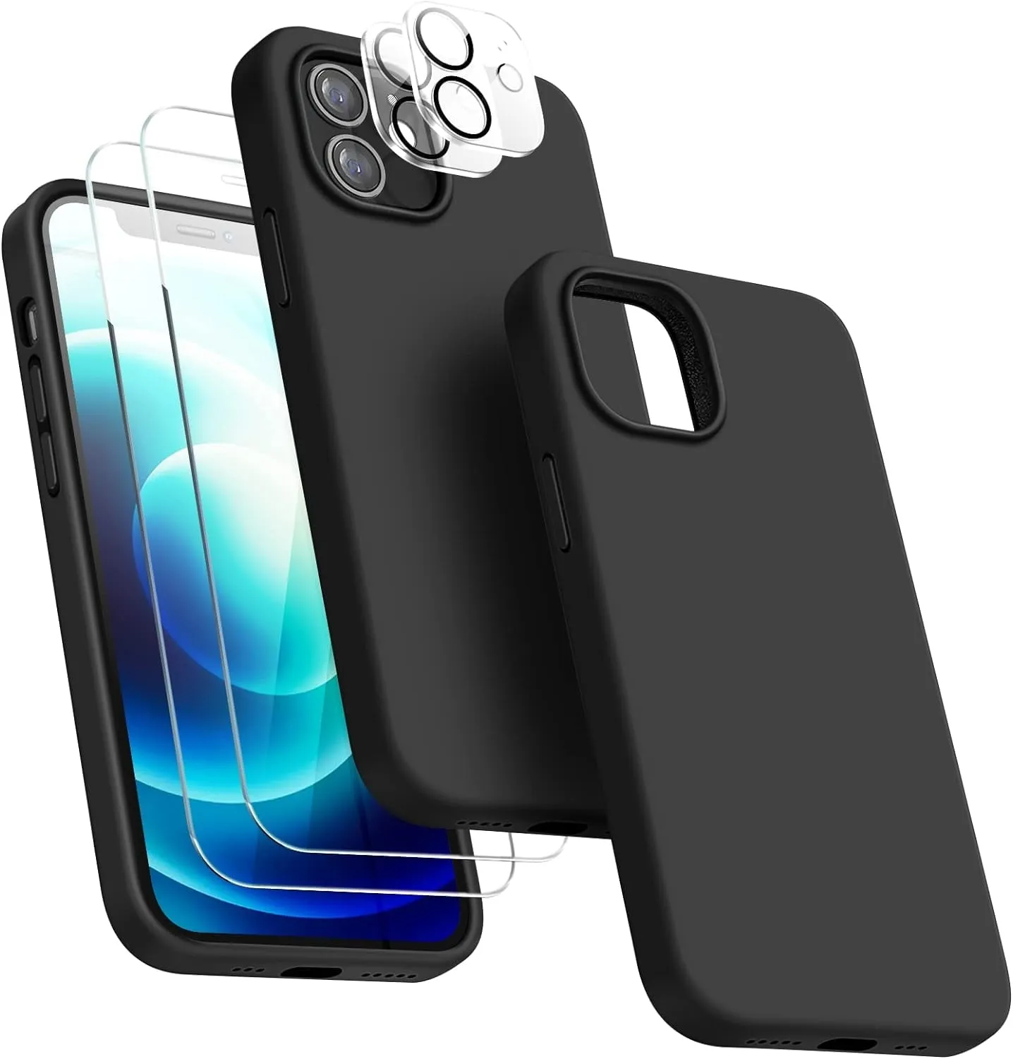 Entronix Silicone Case For Apple iPhone 11 Pro Max Liquid Silicone Case, 5 in 1 Bundle with 2 Clear Tempered Glass and 2 Camera Lens Shockproof Case