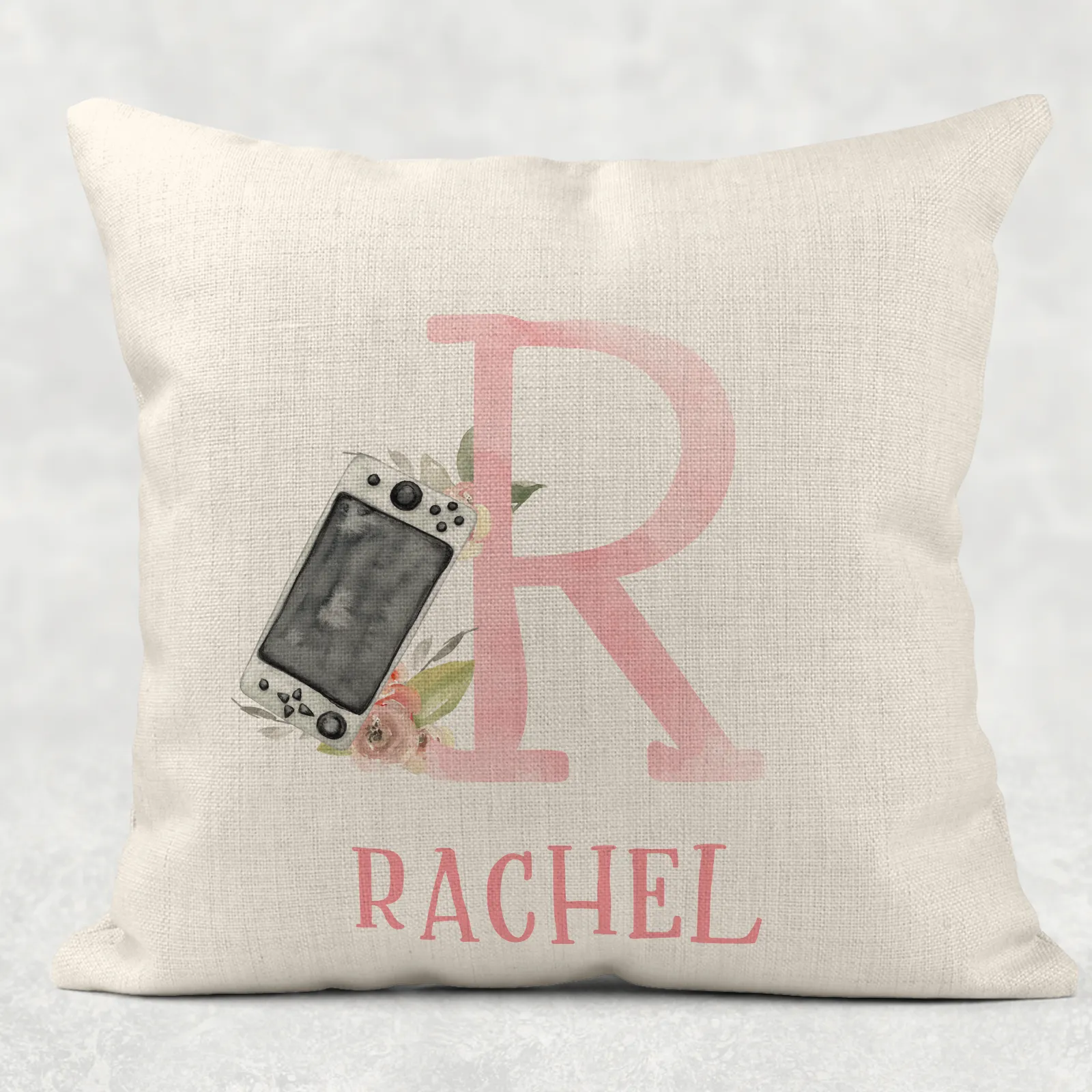 Gamer Girl Alphabet Personalised Cushion Linen White Canvas