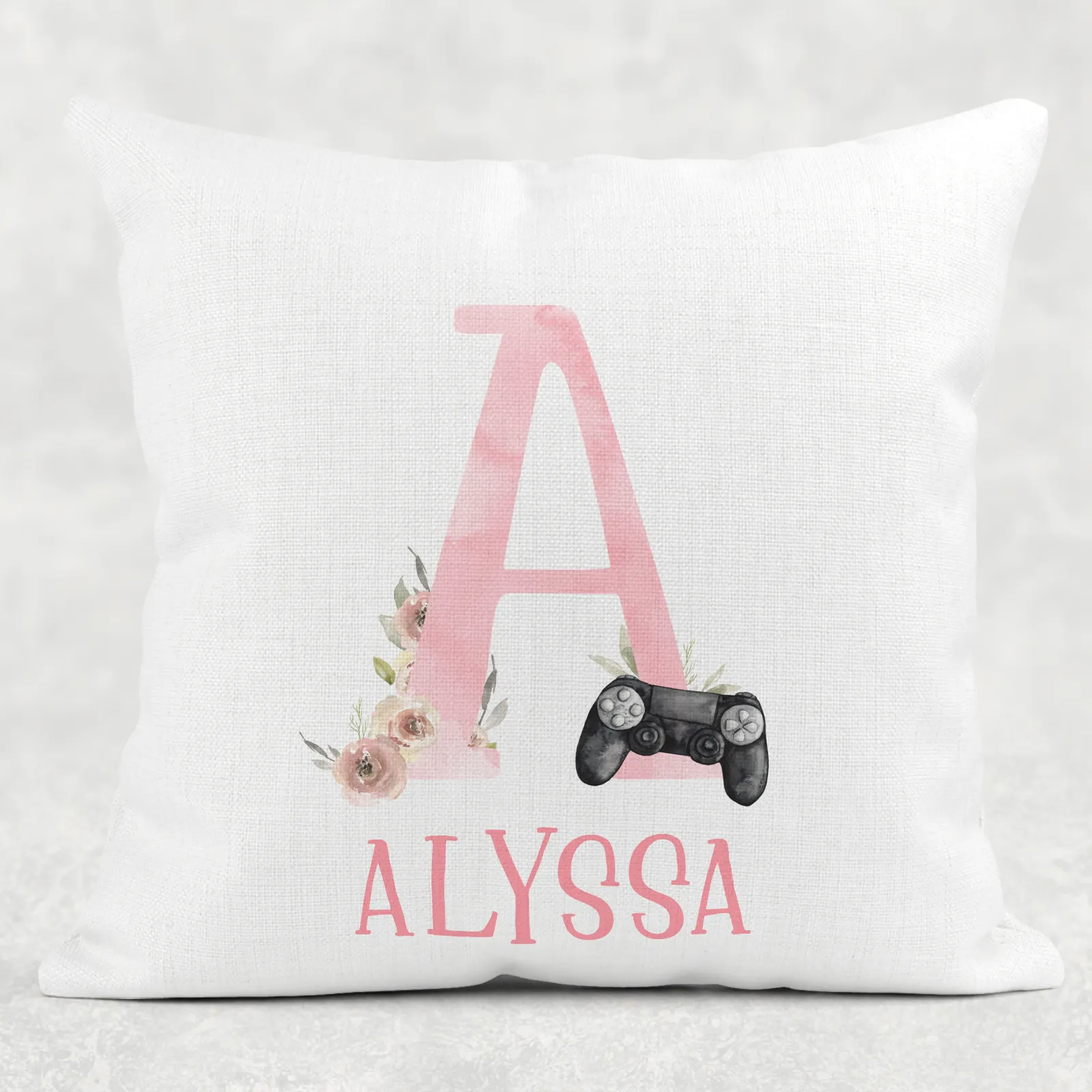 Gamer Girl Alphabet Personalised Cushion Linen White Canvas