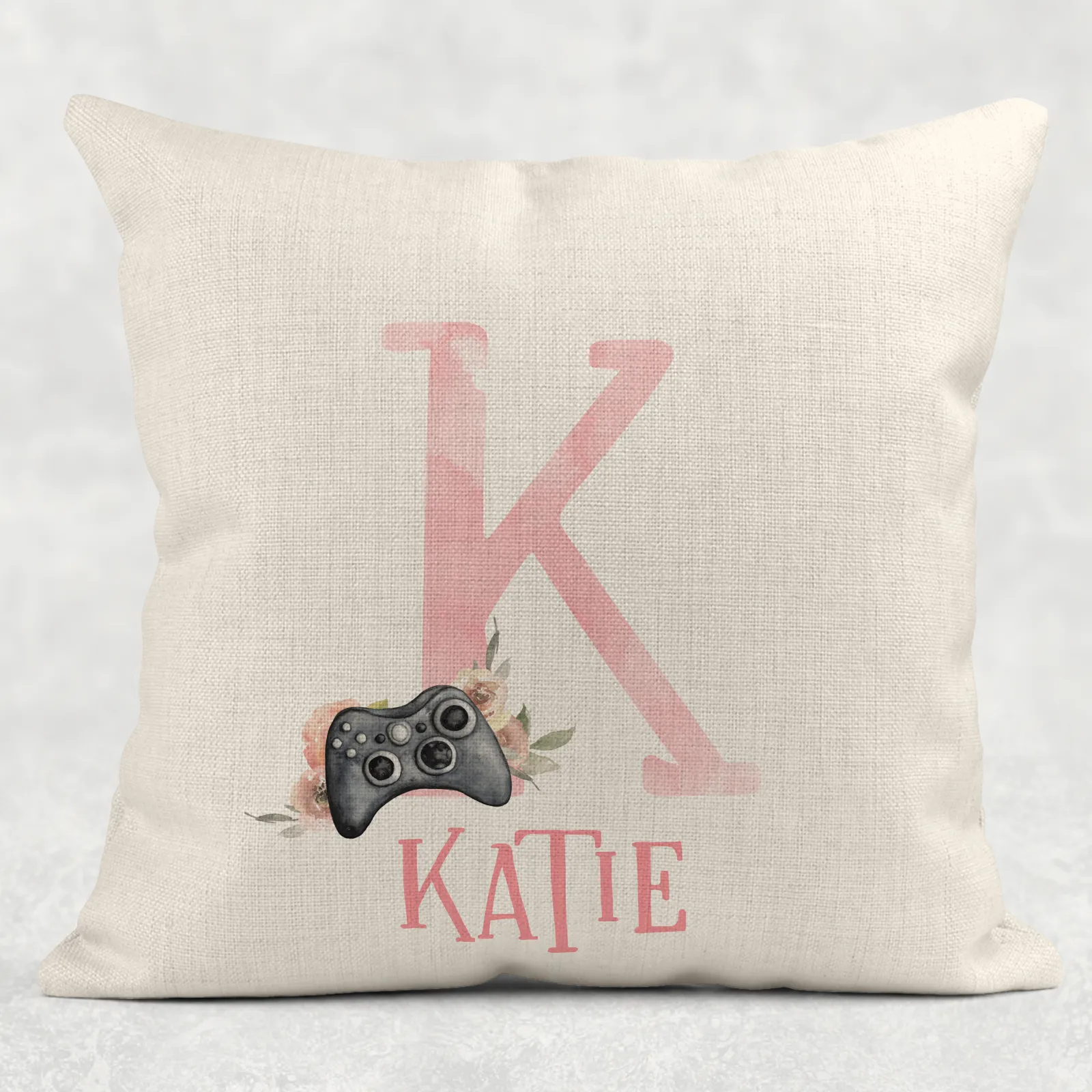 Gamer Girl Alphabet Personalised Cushion Linen White Canvas