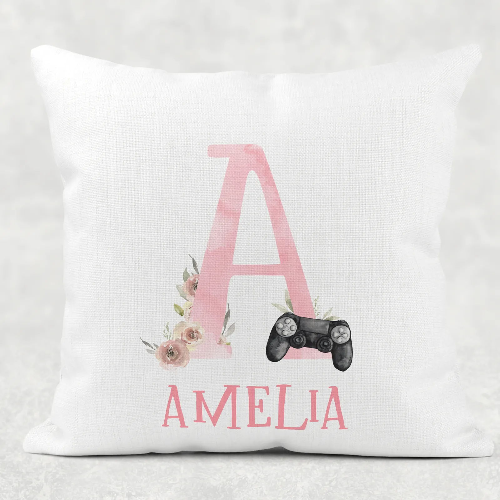 Gamer Girl Alphabet Personalised Cushion Linen White Canvas