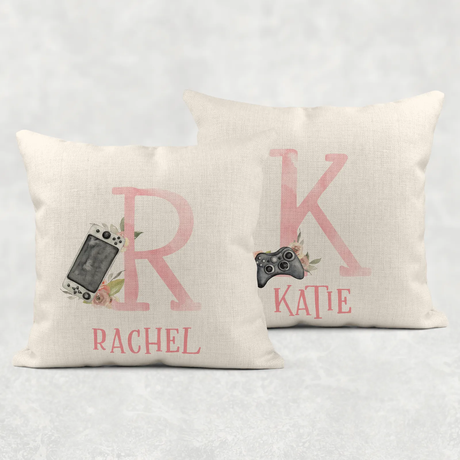 Gamer Girl Alphabet Personalised Cushion Linen White Canvas