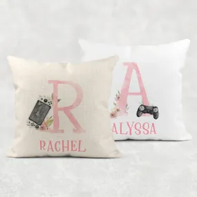 Gamer Girl Alphabet Personalised Cushion Linen White Canvas