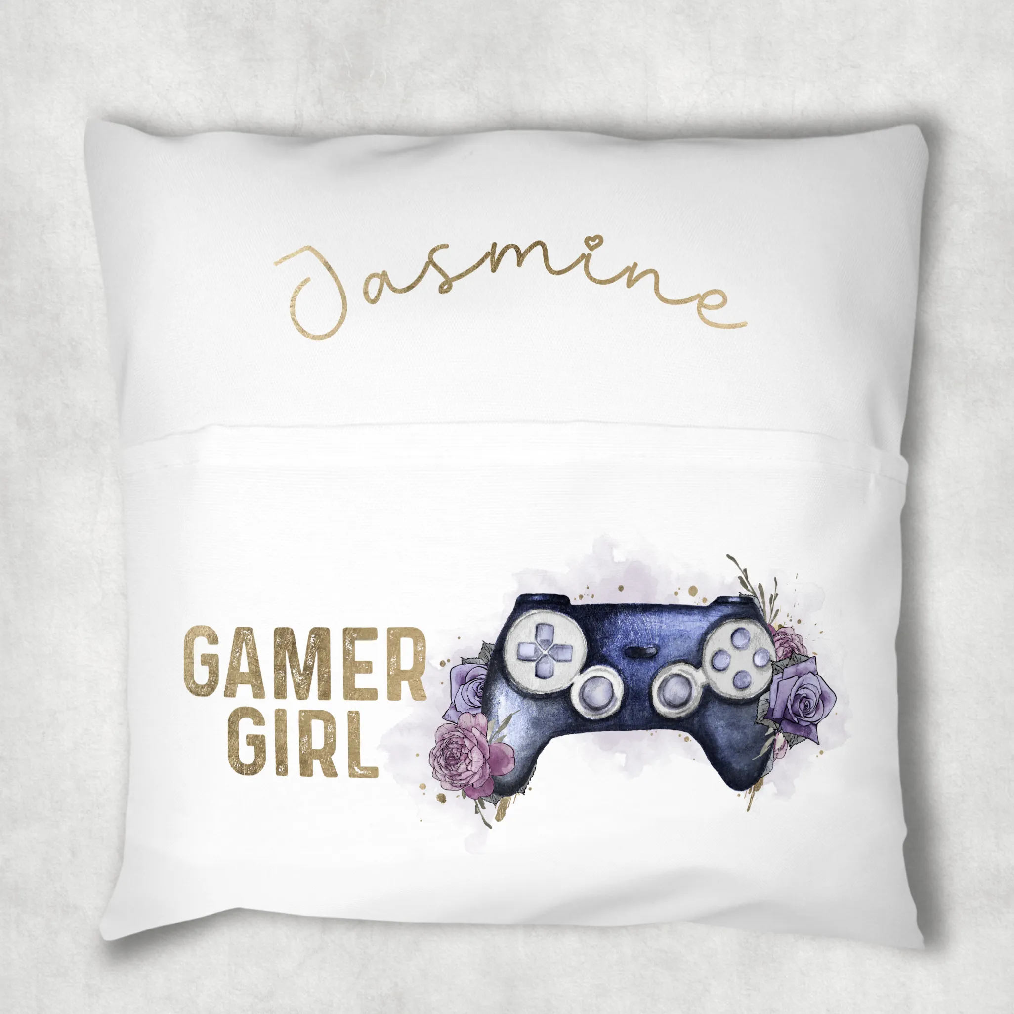 Gaming Girl Floral Personalised Pocket Book Cushion Cover White Canvas