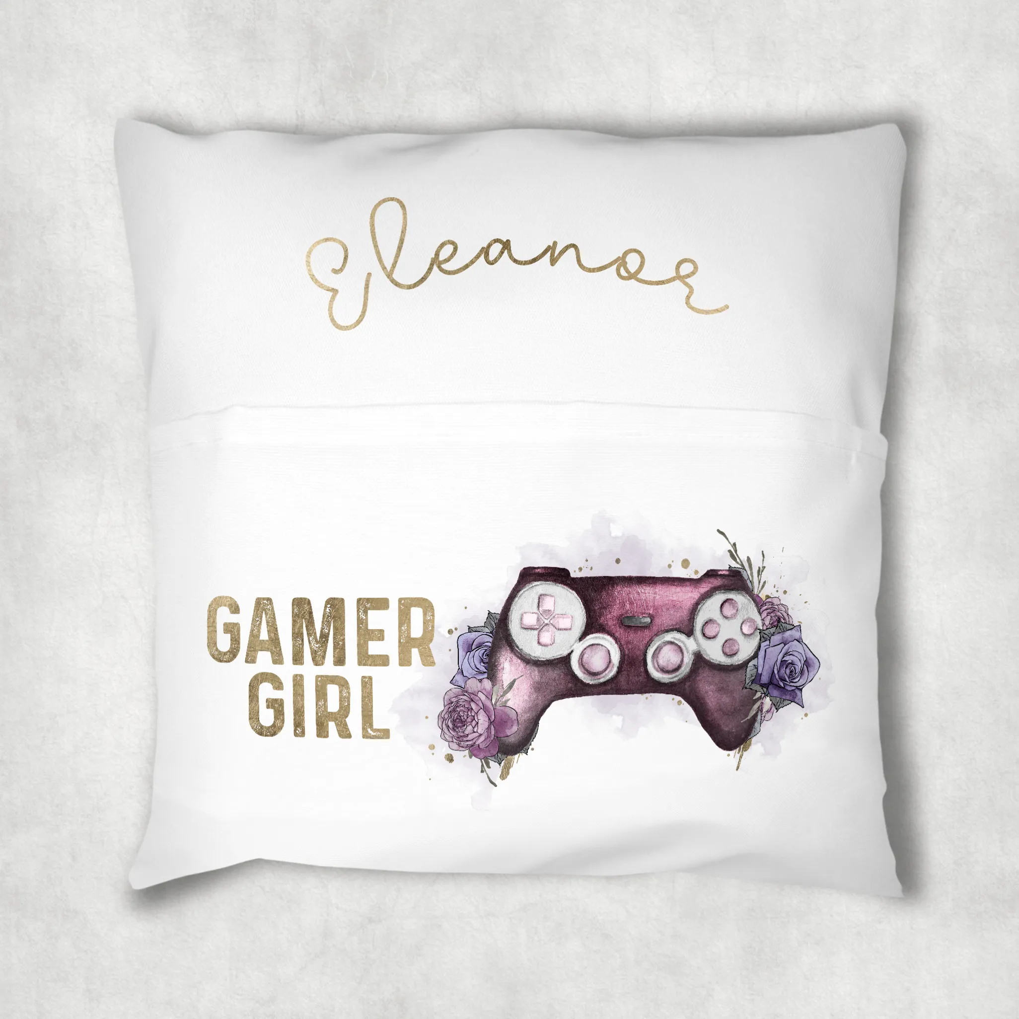 Gaming Girl Floral Personalised Pocket Book Cushion Cover White Canvas