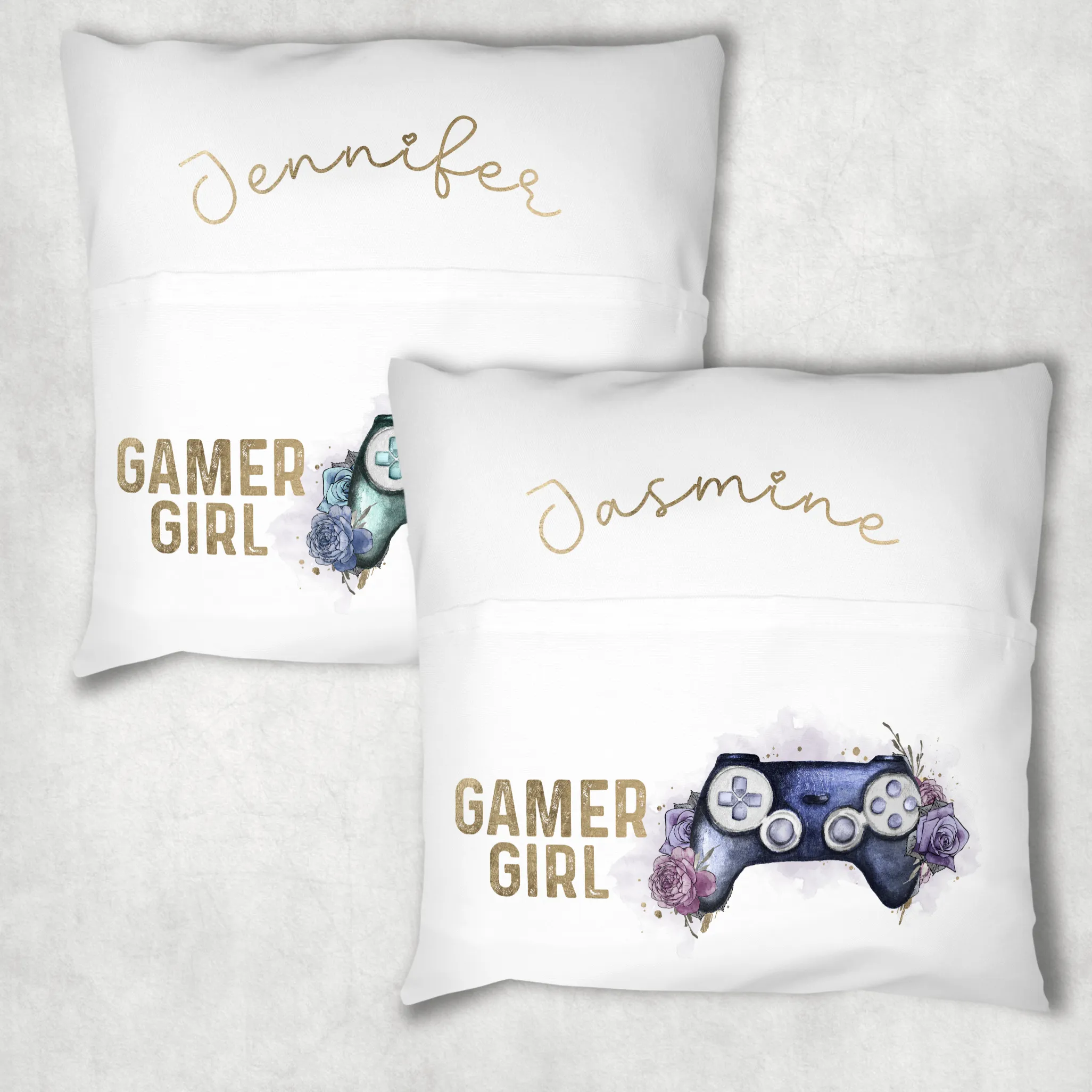 Gaming Girl Floral Personalised Pocket Book Cushion Cover White Canvas