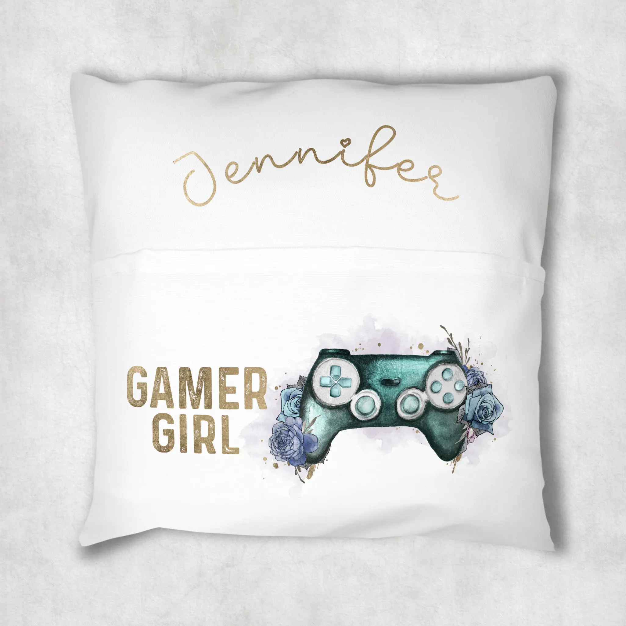 Gaming Girl Floral Personalised Pocket Book Cushion Cover White Canvas