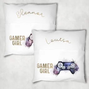 Gaming Girl Floral Personalised Pocket Book Cushion Cover White Canvas