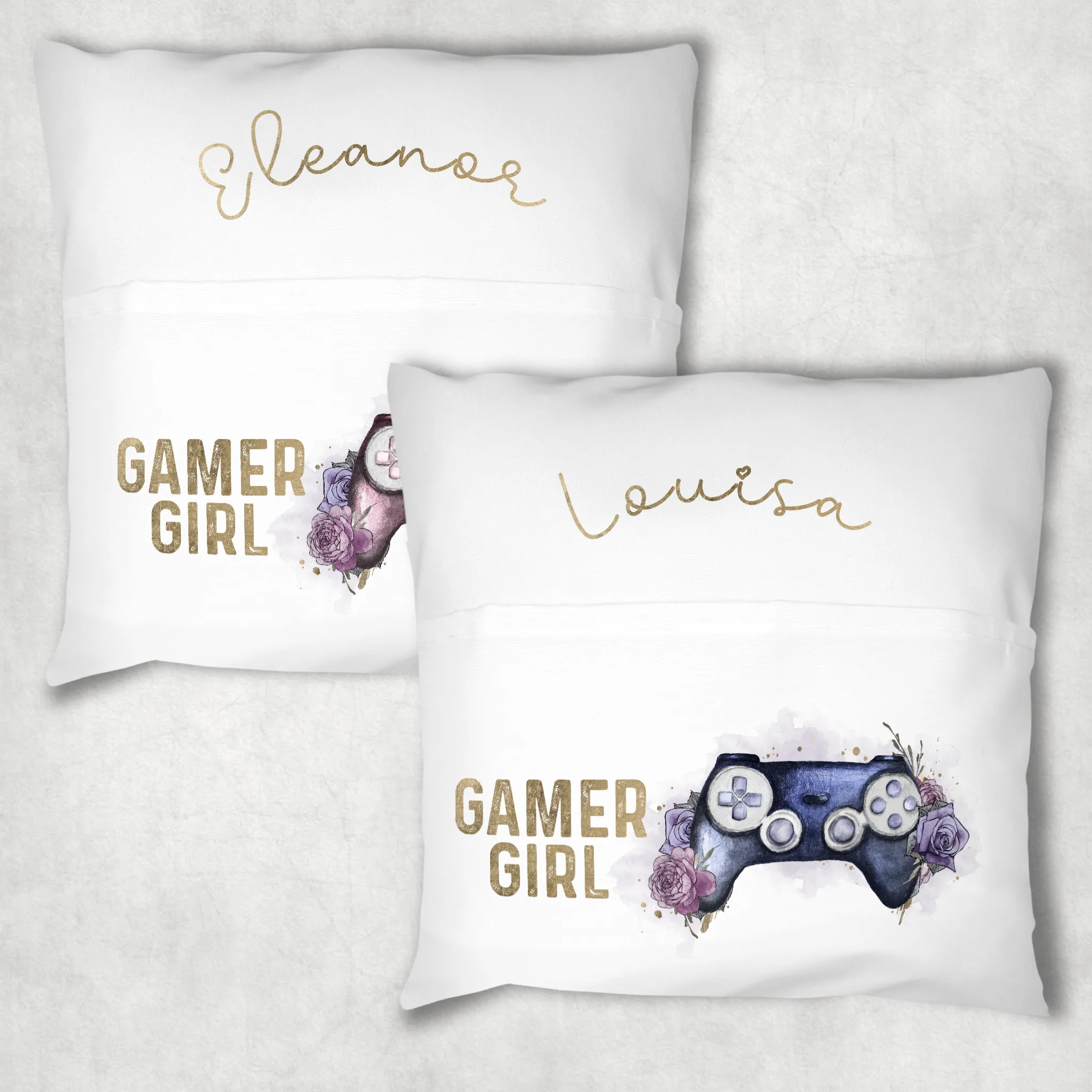 Gaming Girl Floral Personalised Pocket Book Cushion Cover White Canvas