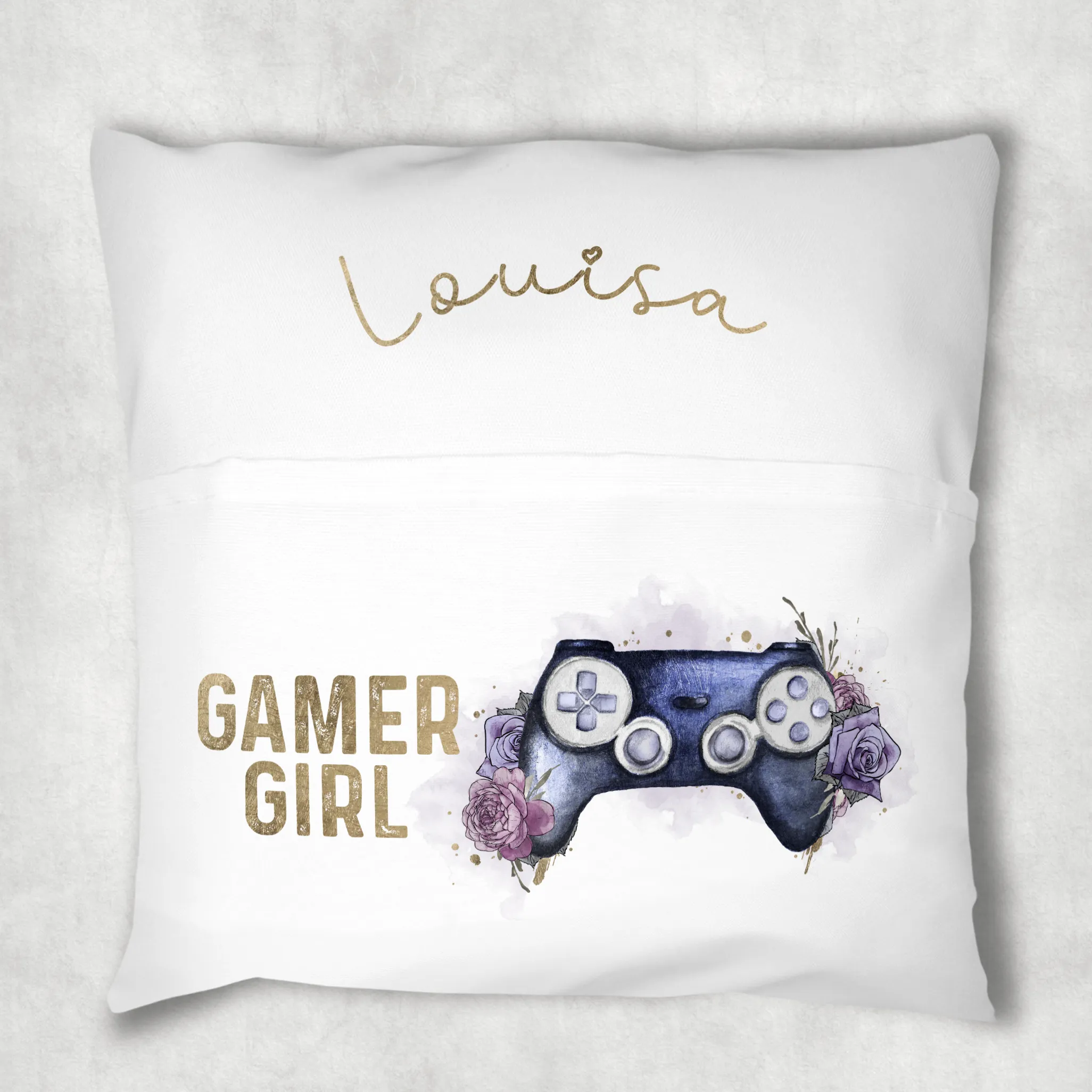 Gaming Girl Floral Personalised Pocket Book Cushion Cover White Canvas