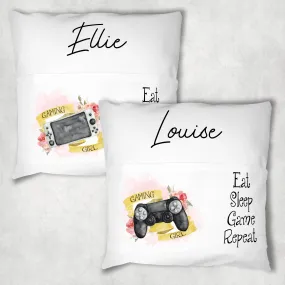 Gaming Girl Personalised Pocket Book Cushion Cover White Canvas Eat Sleep Game Repeat