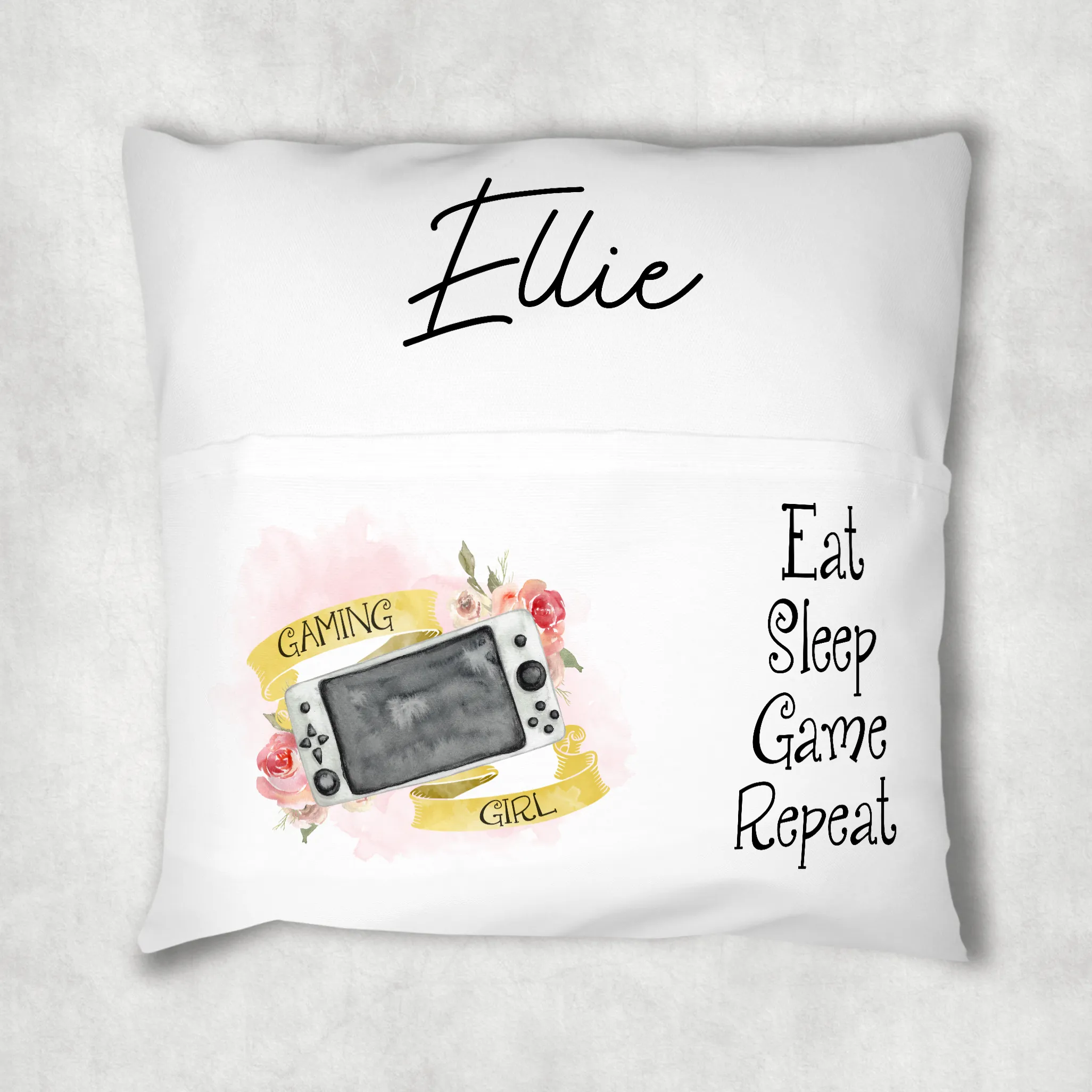 Gaming Girl Personalised Pocket Book Cushion Cover White Canvas Eat Sleep Game Repeat