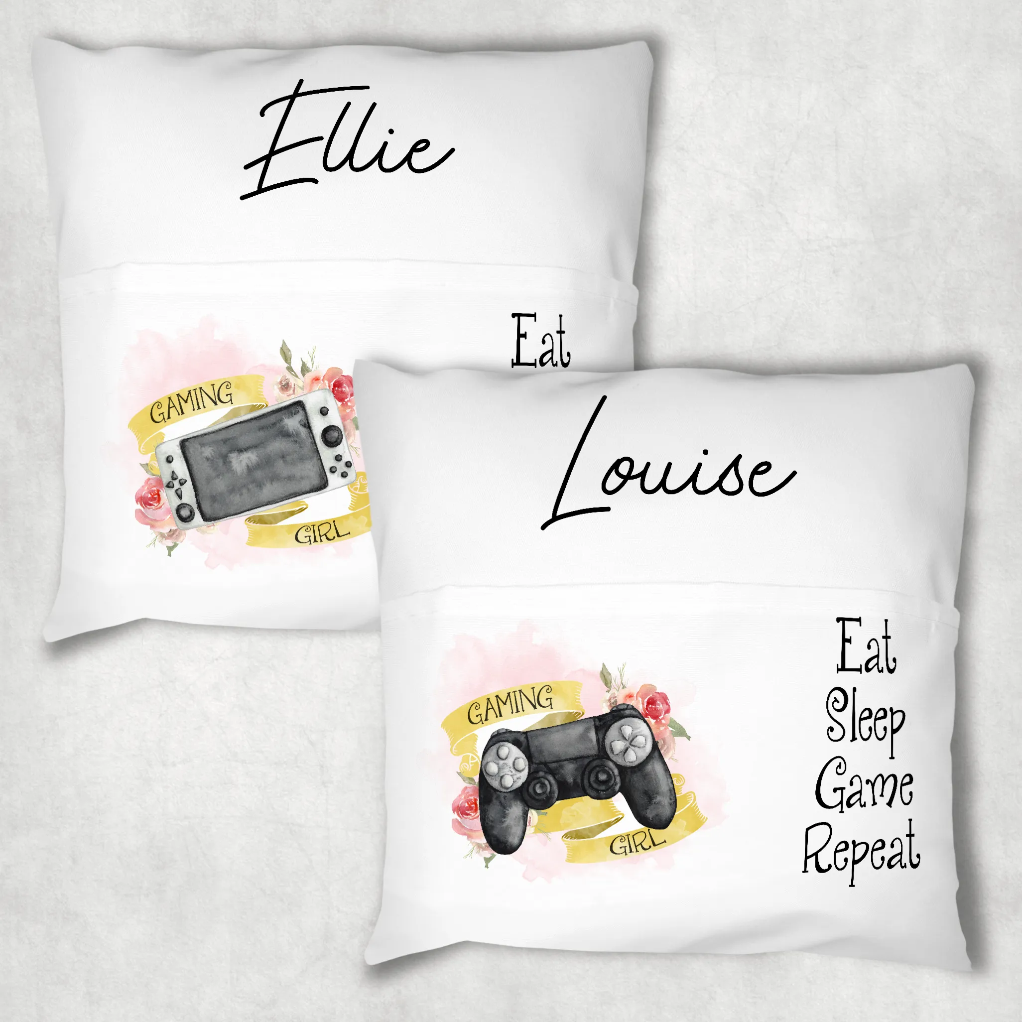 Gaming Girl Personalised Pocket Book Cushion Cover White Canvas Eat Sleep Game Repeat