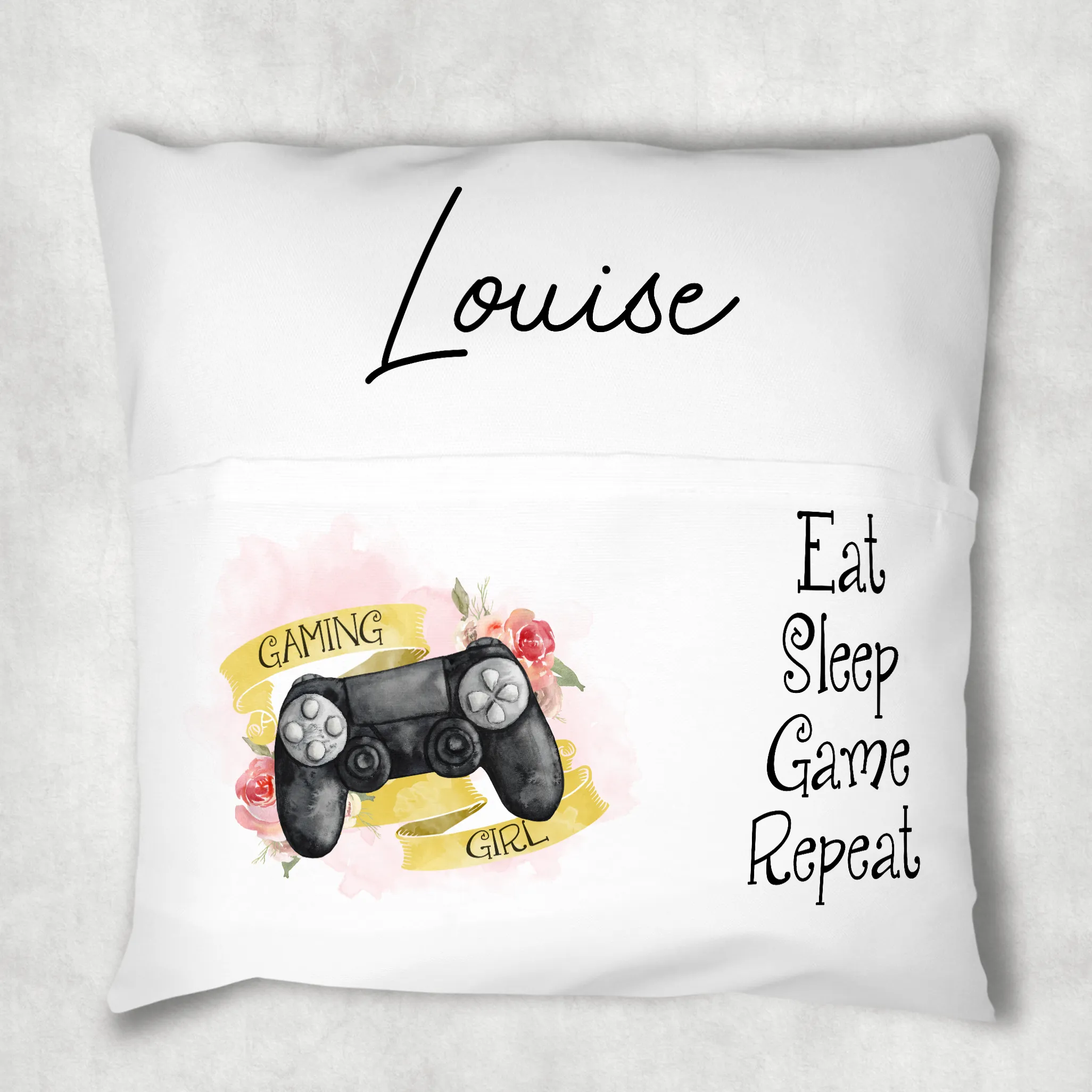 Gaming Girl Personalised Pocket Book Cushion Cover White Canvas Eat Sleep Game Repeat