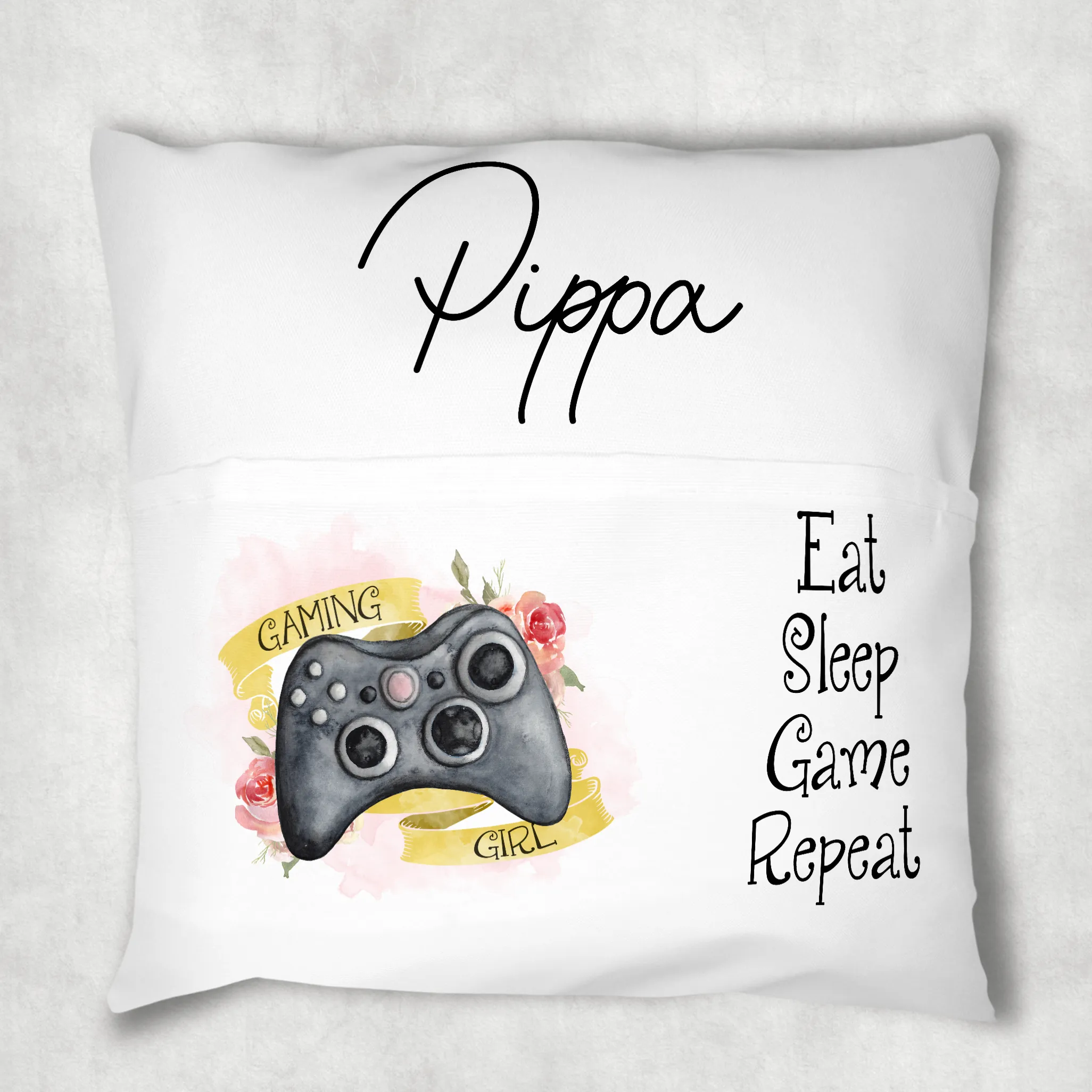 Gaming Girl Personalised Pocket Book Cushion Cover White Canvas Eat Sleep Game Repeat