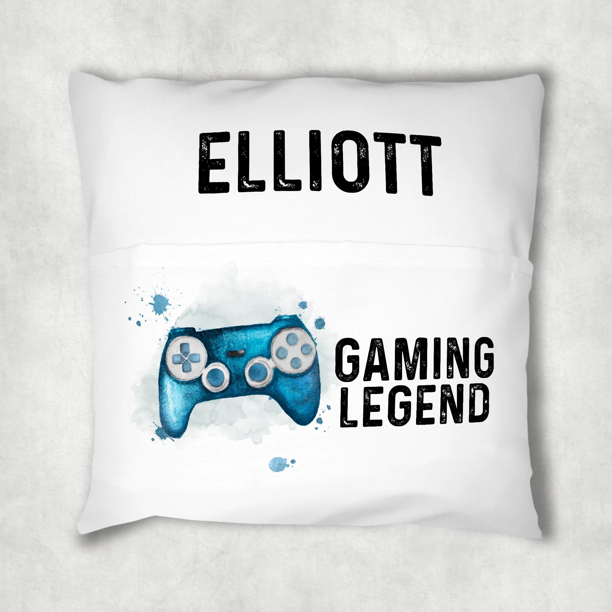 Gaming Legend Personalised Pocket Book Cushion Cover White Canvas