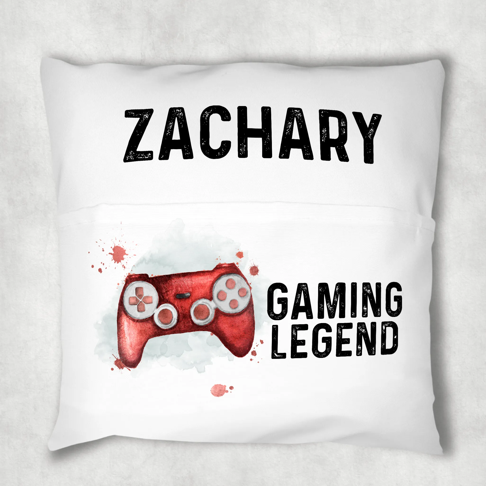 Gaming Legend Personalised Pocket Book Cushion Cover White Canvas