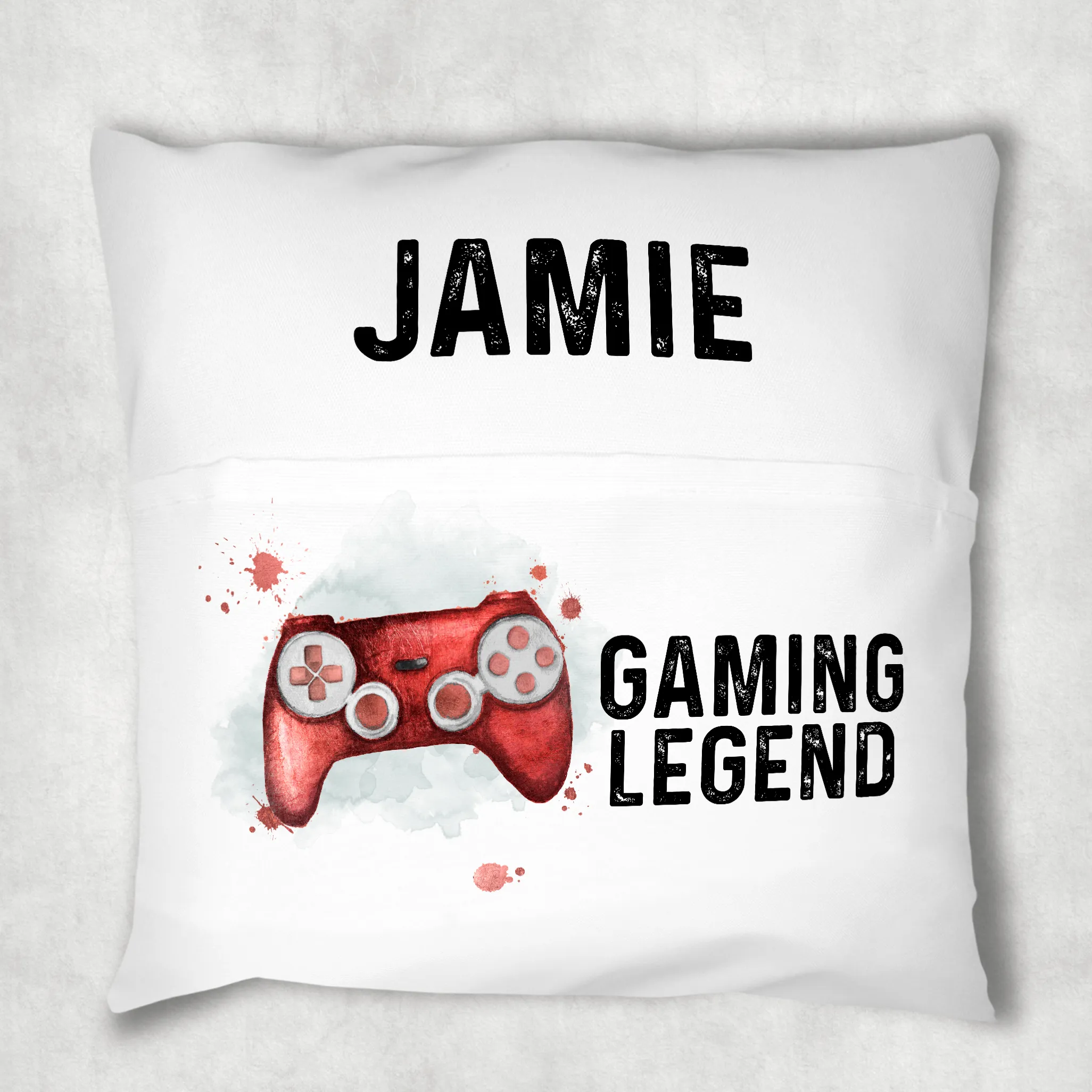 Gaming Legend Personalised Pocket Book Cushion Cover White Canvas