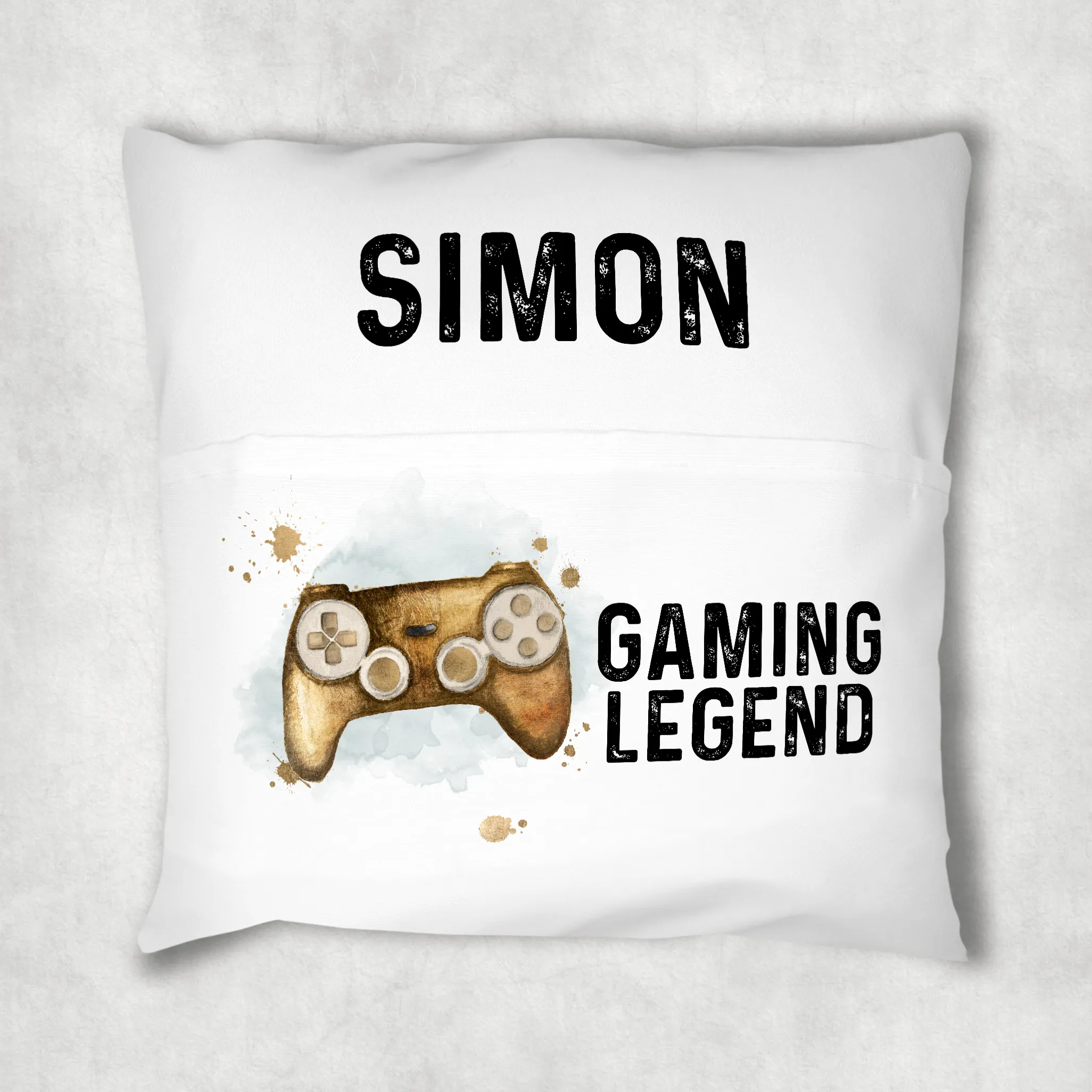Gaming Legend Personalised Pocket Book Cushion Cover White Canvas