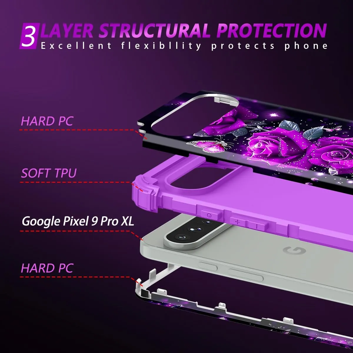 Google Pixel 9 Case/Pixel 9 Pro Case, Glow Duty Shockproof Full Body Protection Soft Silicone Case