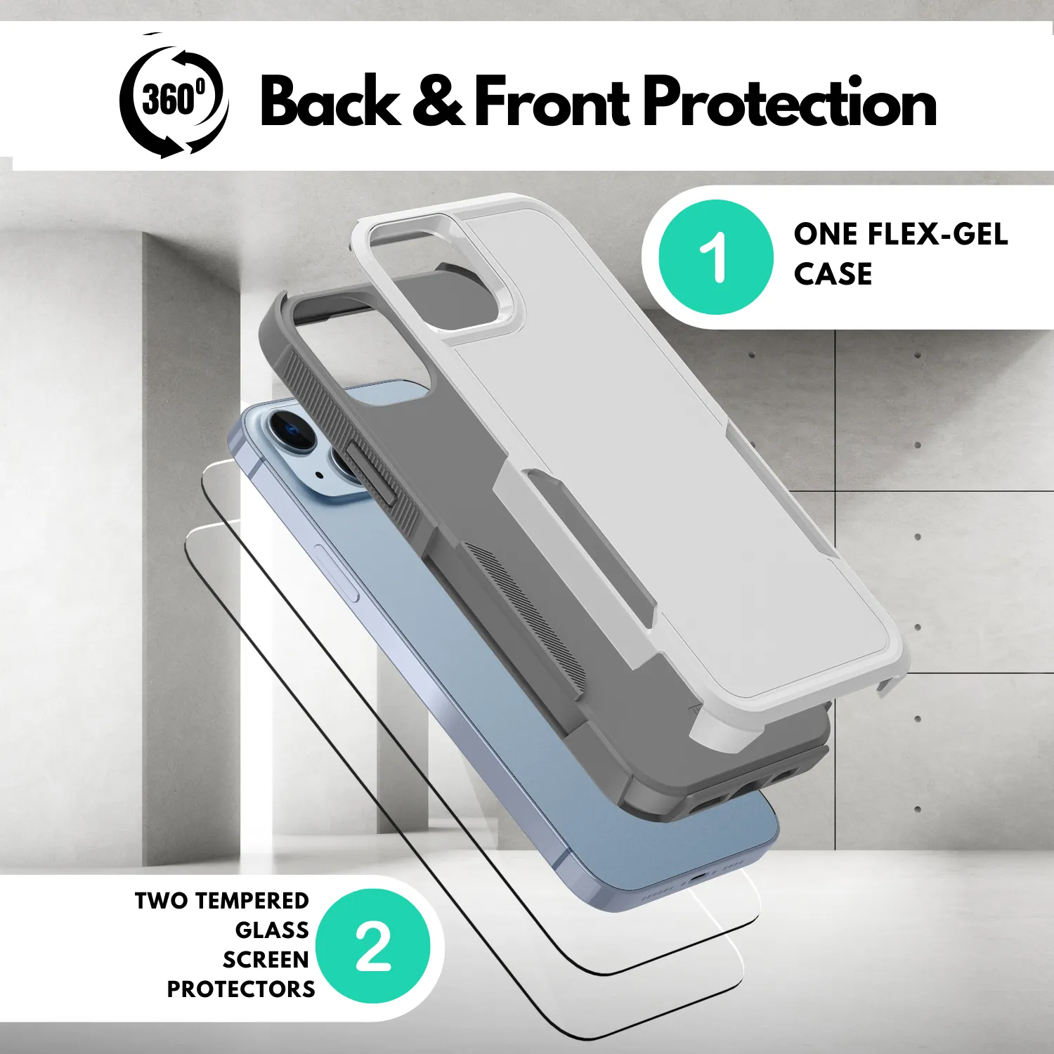 Grip Case   2 Glass Screen Protectors for iPhone 14 Plus (White)