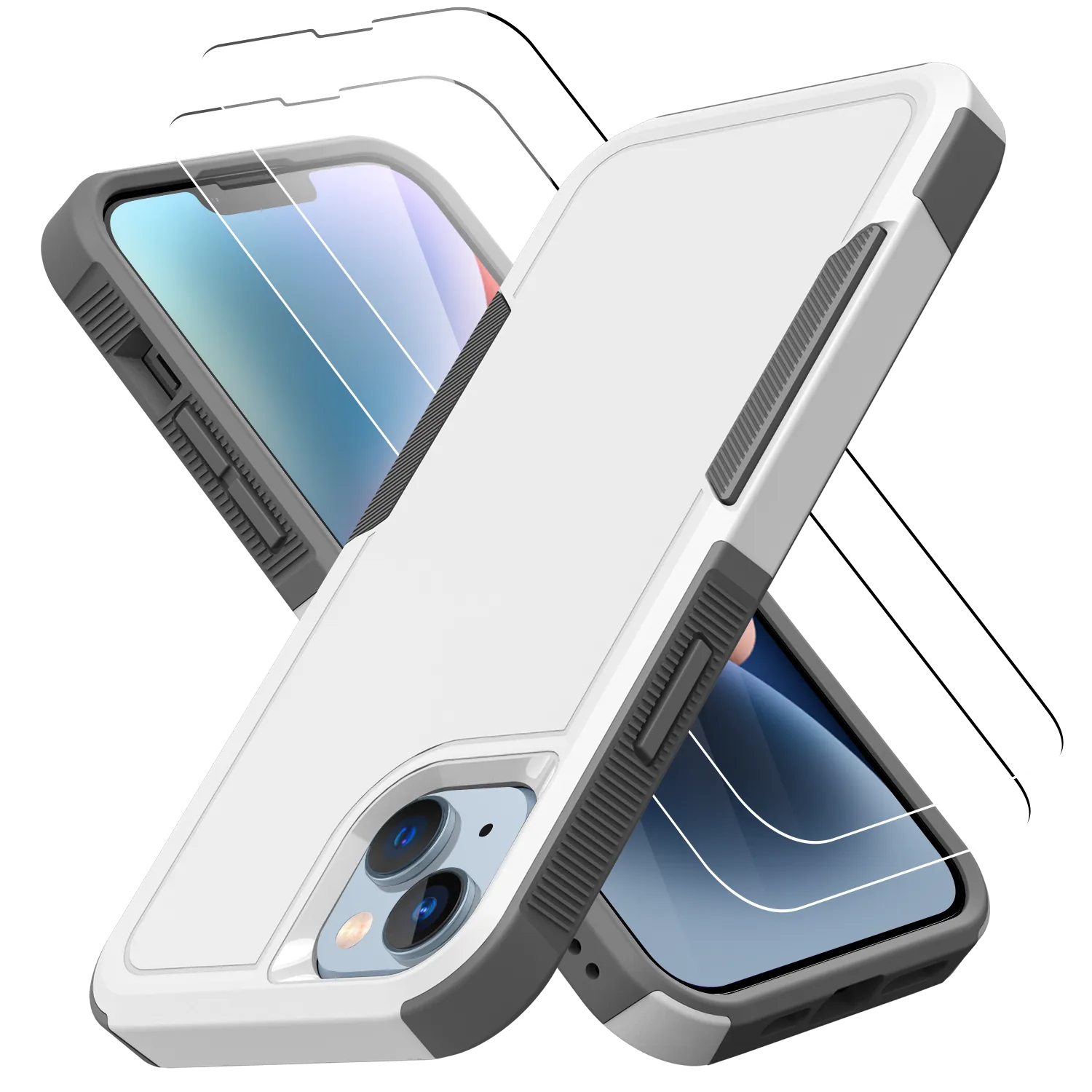 Grip Case   2 Glass Screen Protectors for iPhone 14 Plus (White)