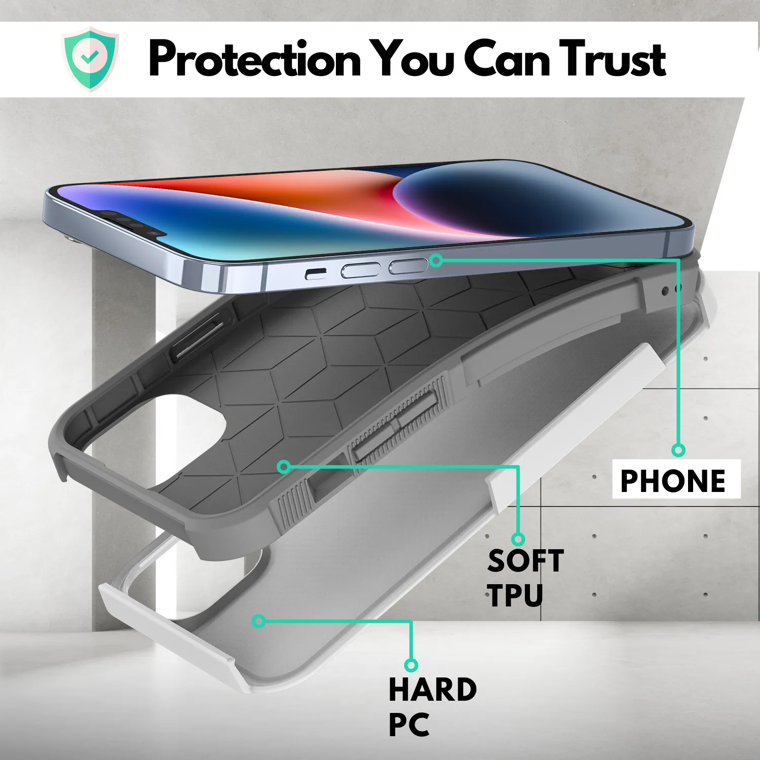 Grip Case   2 Glass Screen Protectors for iPhone 14 Plus (White)