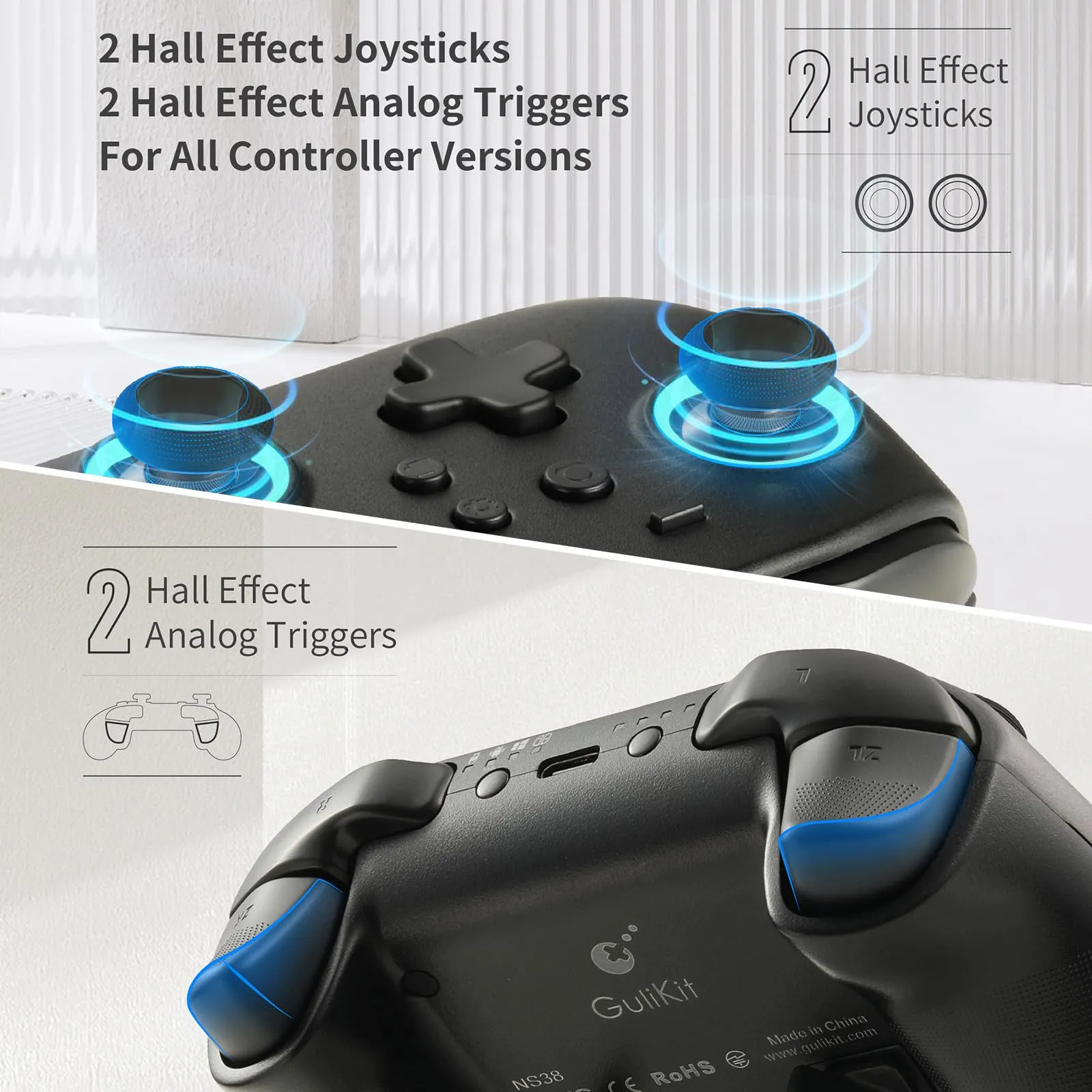 GuliKit CO044a-Wa KK3 PRO Wireless Game Controller With Hall Effect Joystick, Black