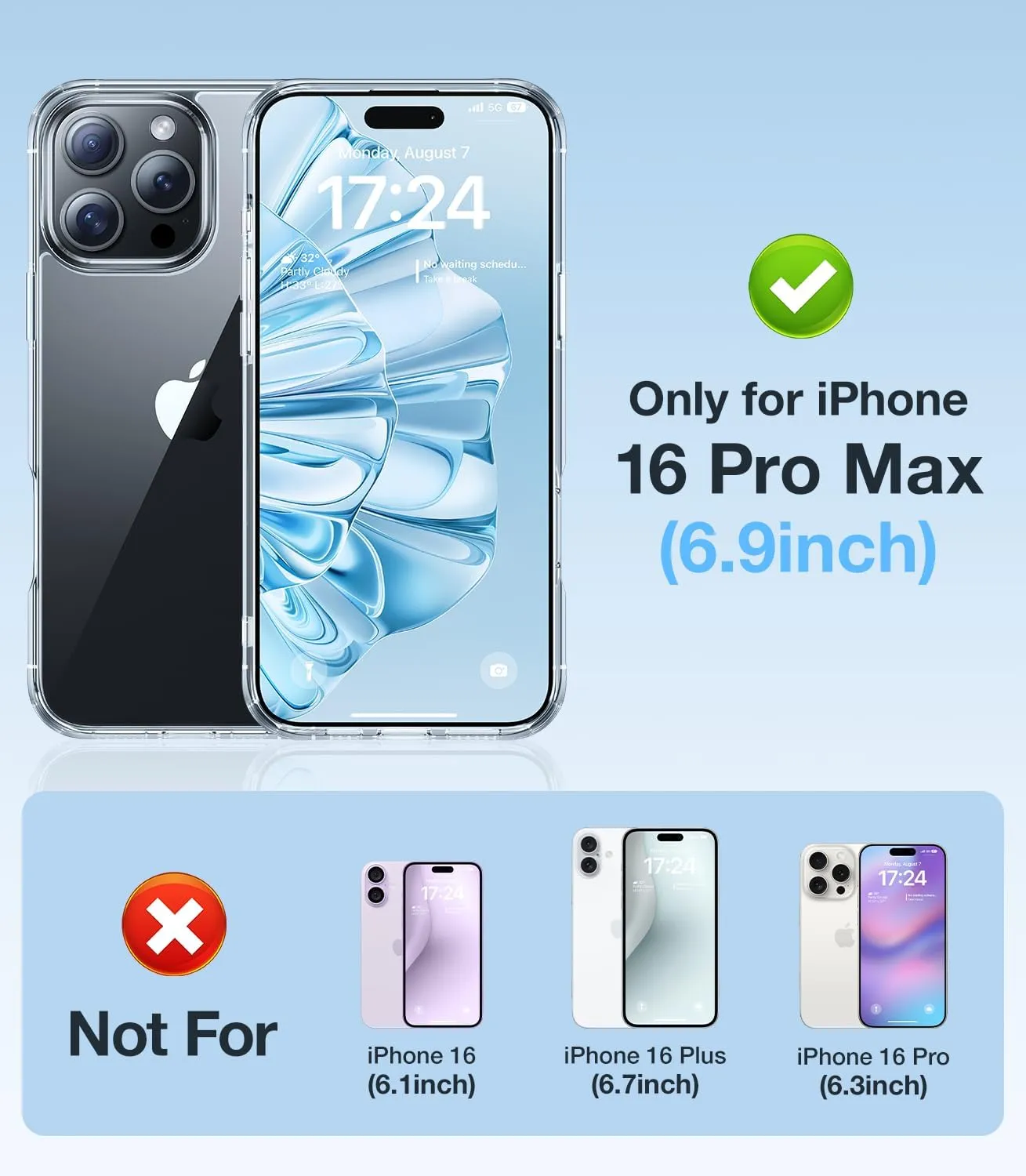iPhone 16 Pro Case Clear 6.3" Slim Shockproof Protective Case