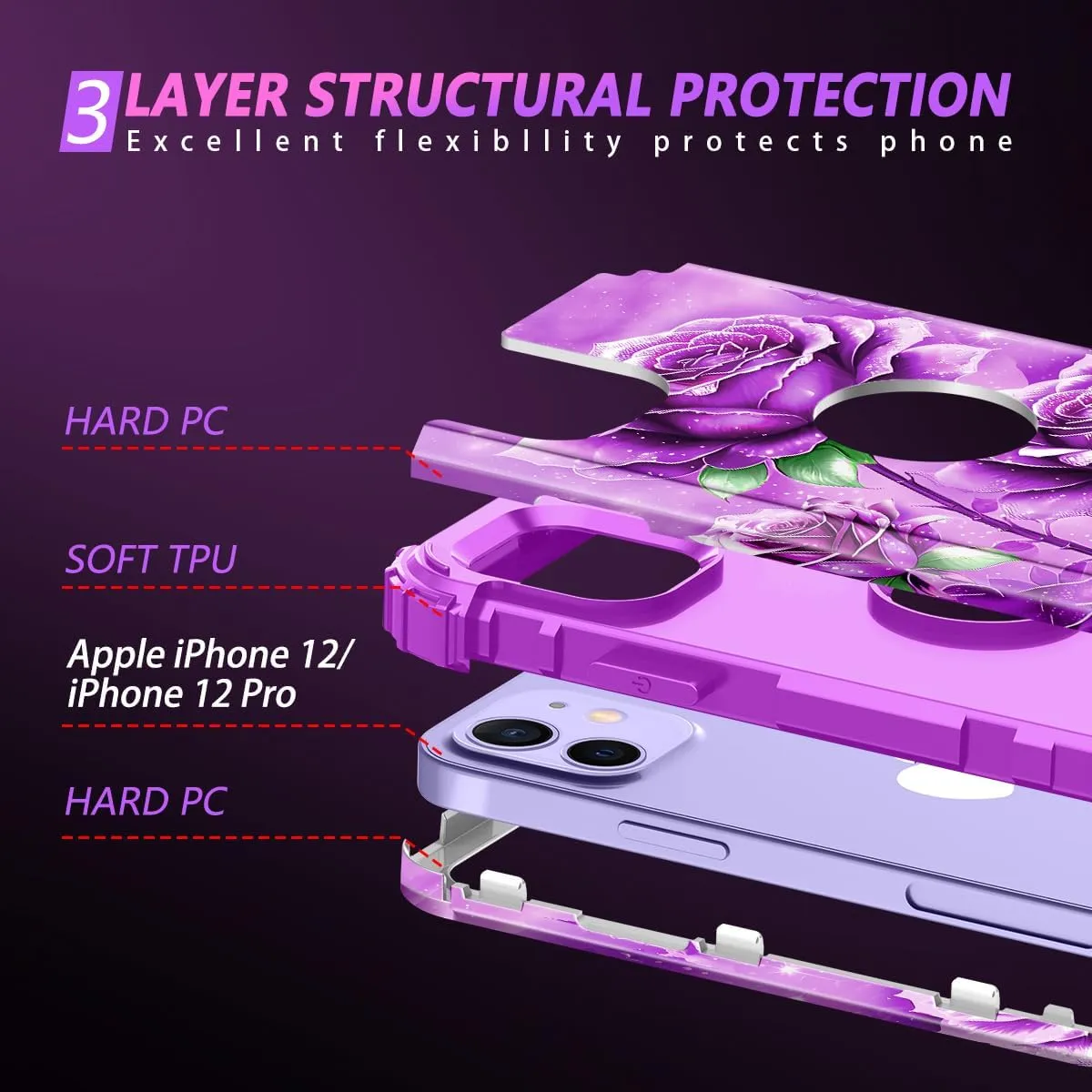 iPhone 16 Pro Case Glow Dark Three Layer Heavy Duty Shockproof Protection Hard Plastic Bumper Soft Silicone Case