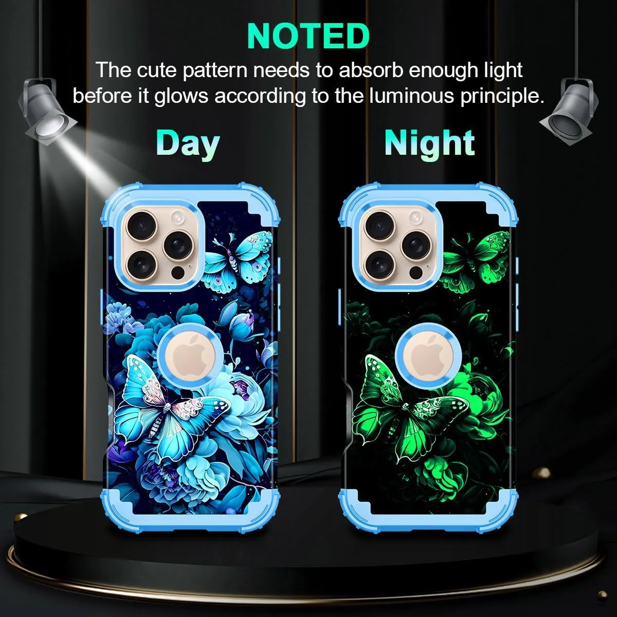iPhone 16 Pro Case Glow Dark Three Layer Heavy Duty Shockproof Protection Hard Plastic Bumper Soft Silicone Case